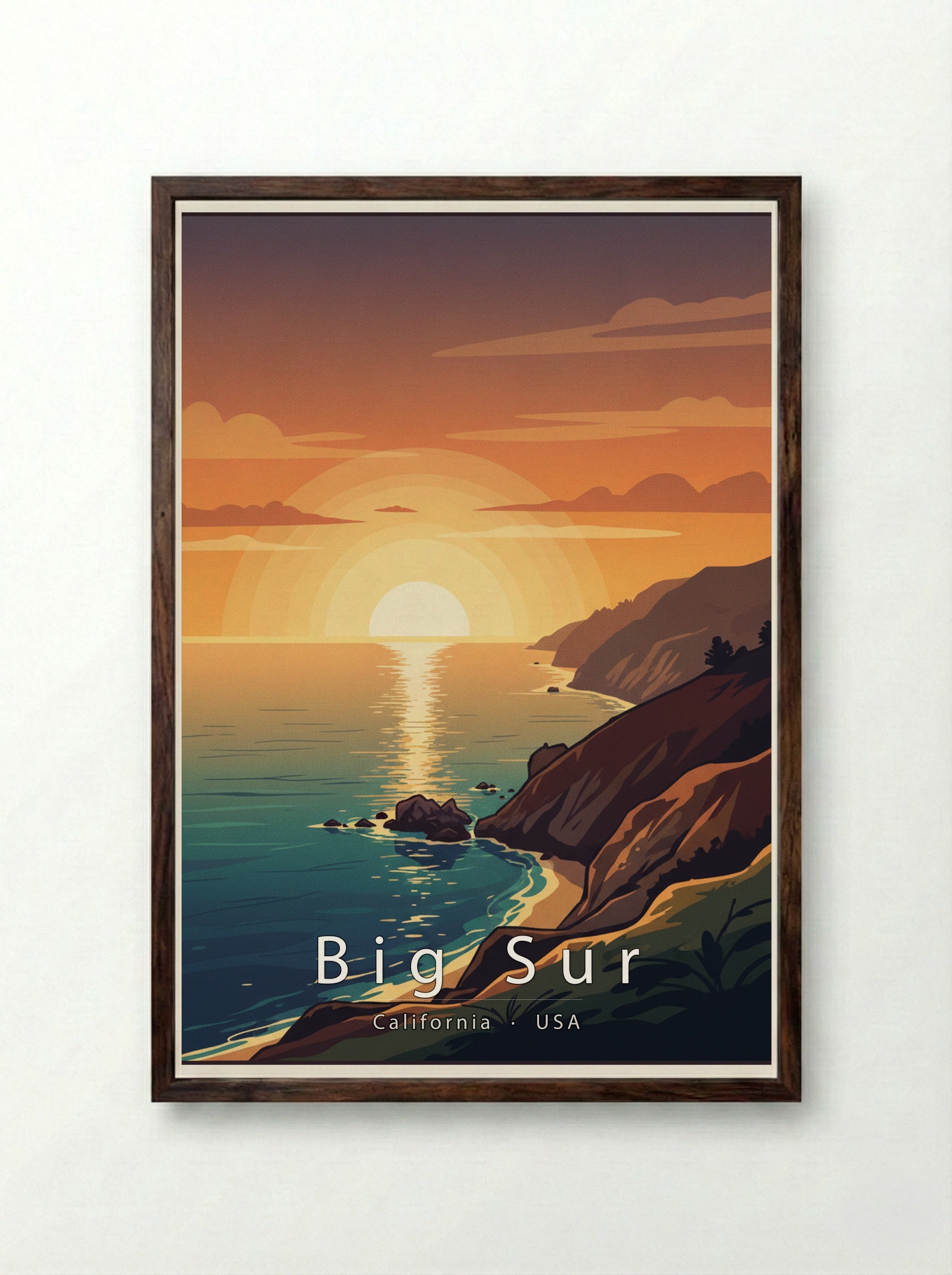 Big Sur Travel Poster Artwork - Framed Print Dark Wood