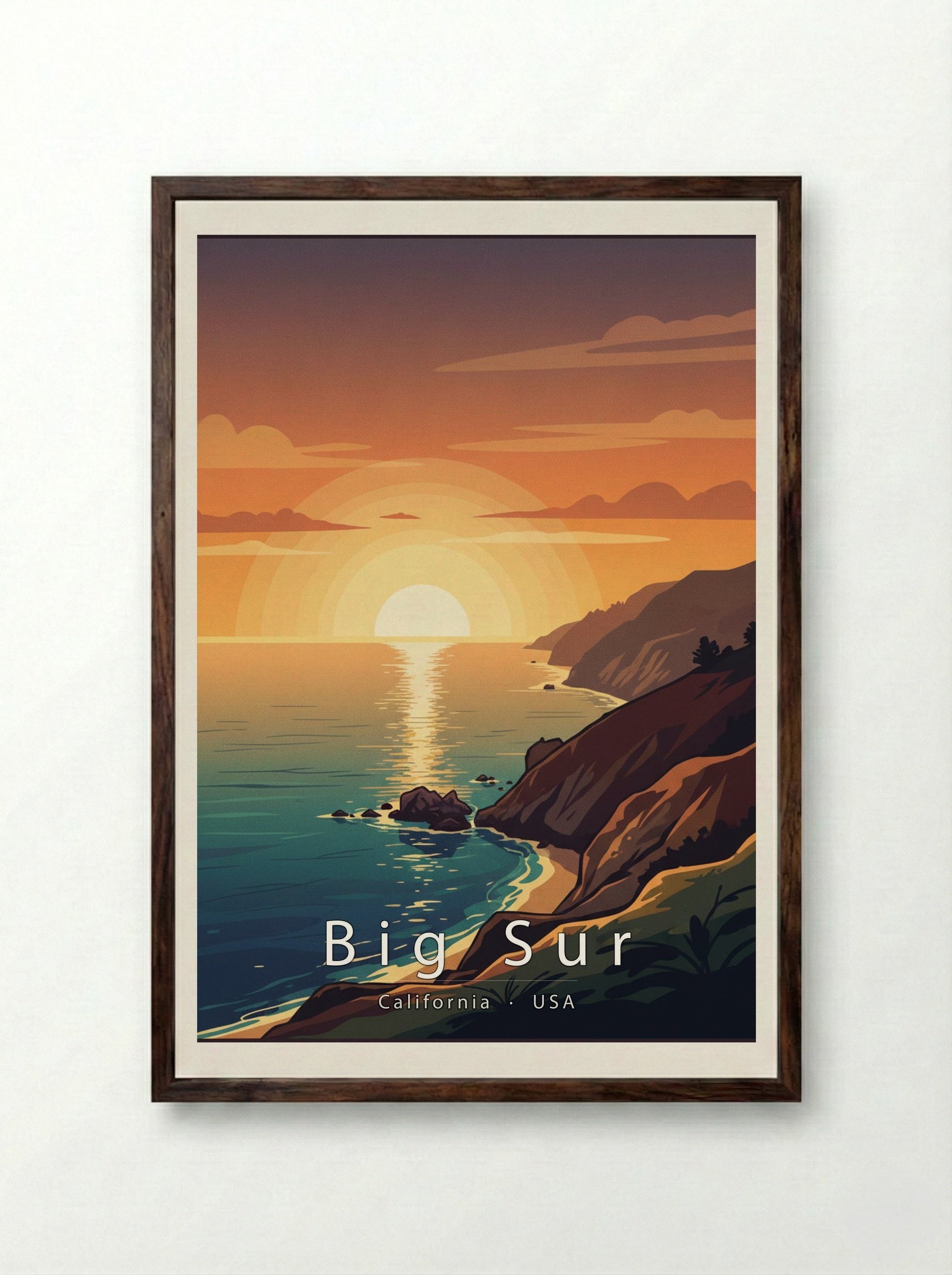 Big Sur Travel Poster Artwork - Framed Print Dark Wood