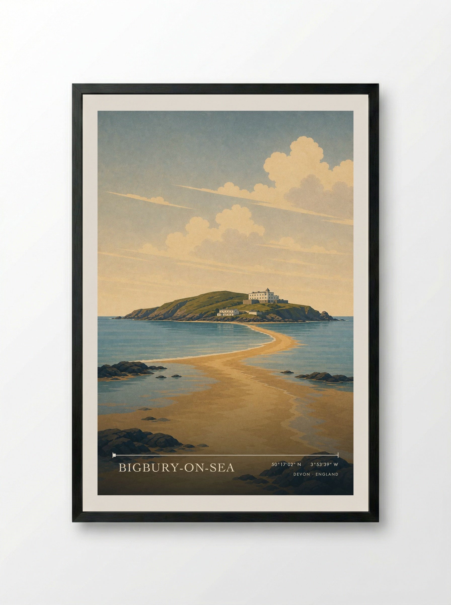 Bigbury-on-Sea Devon England Travel Poster - Framed Print Black
