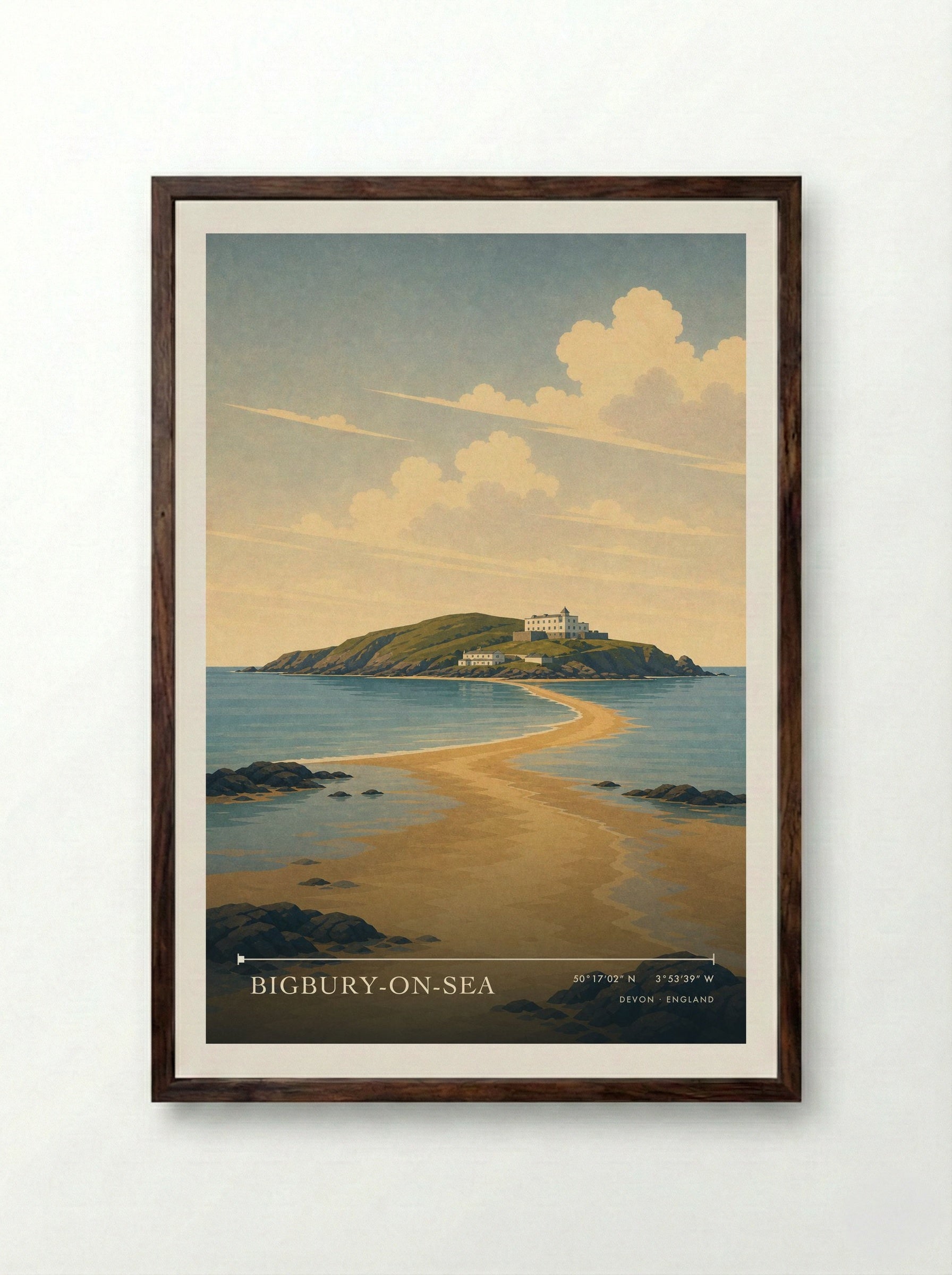 Bigbury-on-Sea Devon England Travel Poster - Framed Print Dark Wood