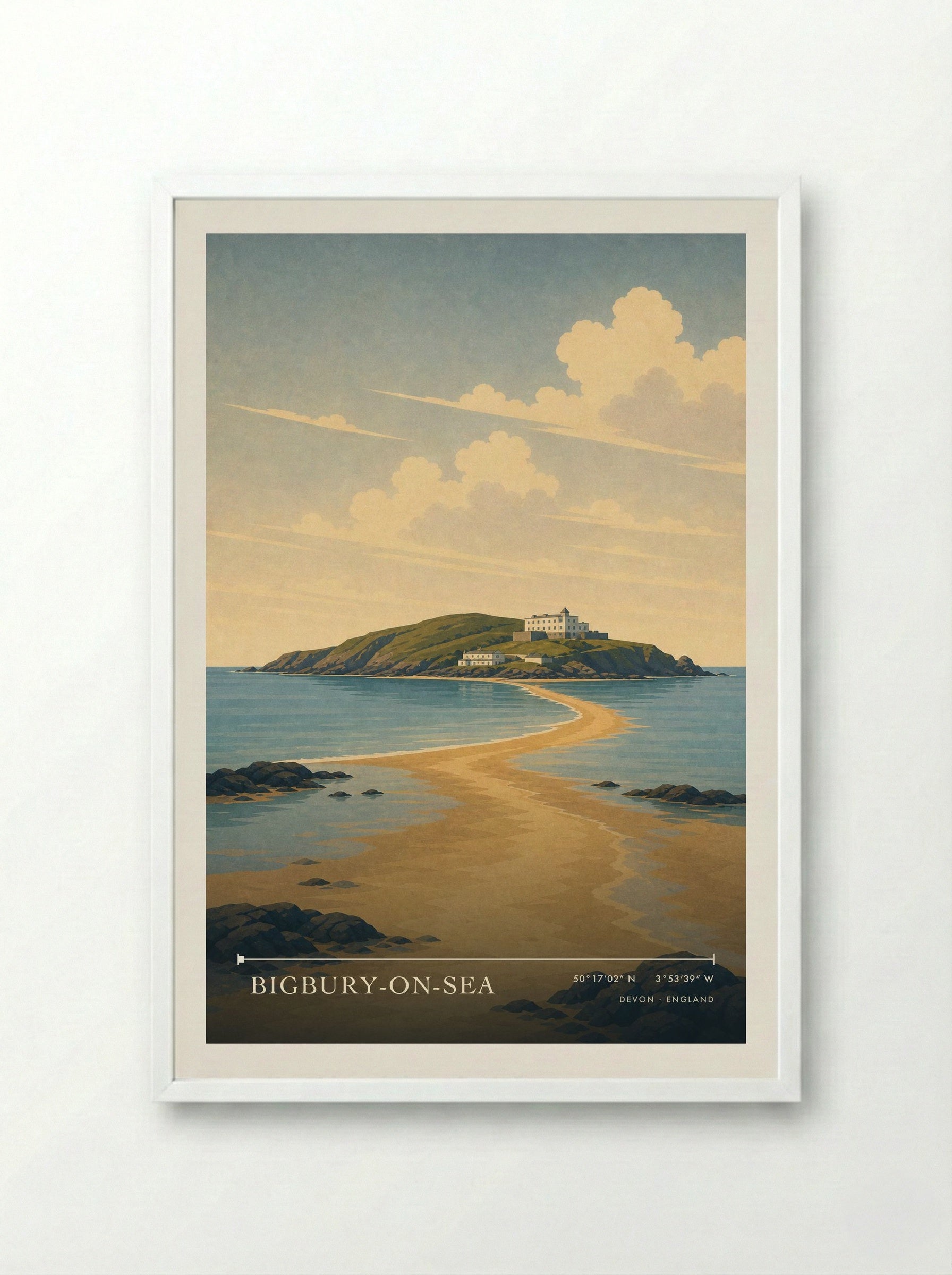 Bigbury-on-Sea Devon England Travel Poster - Framed Print White