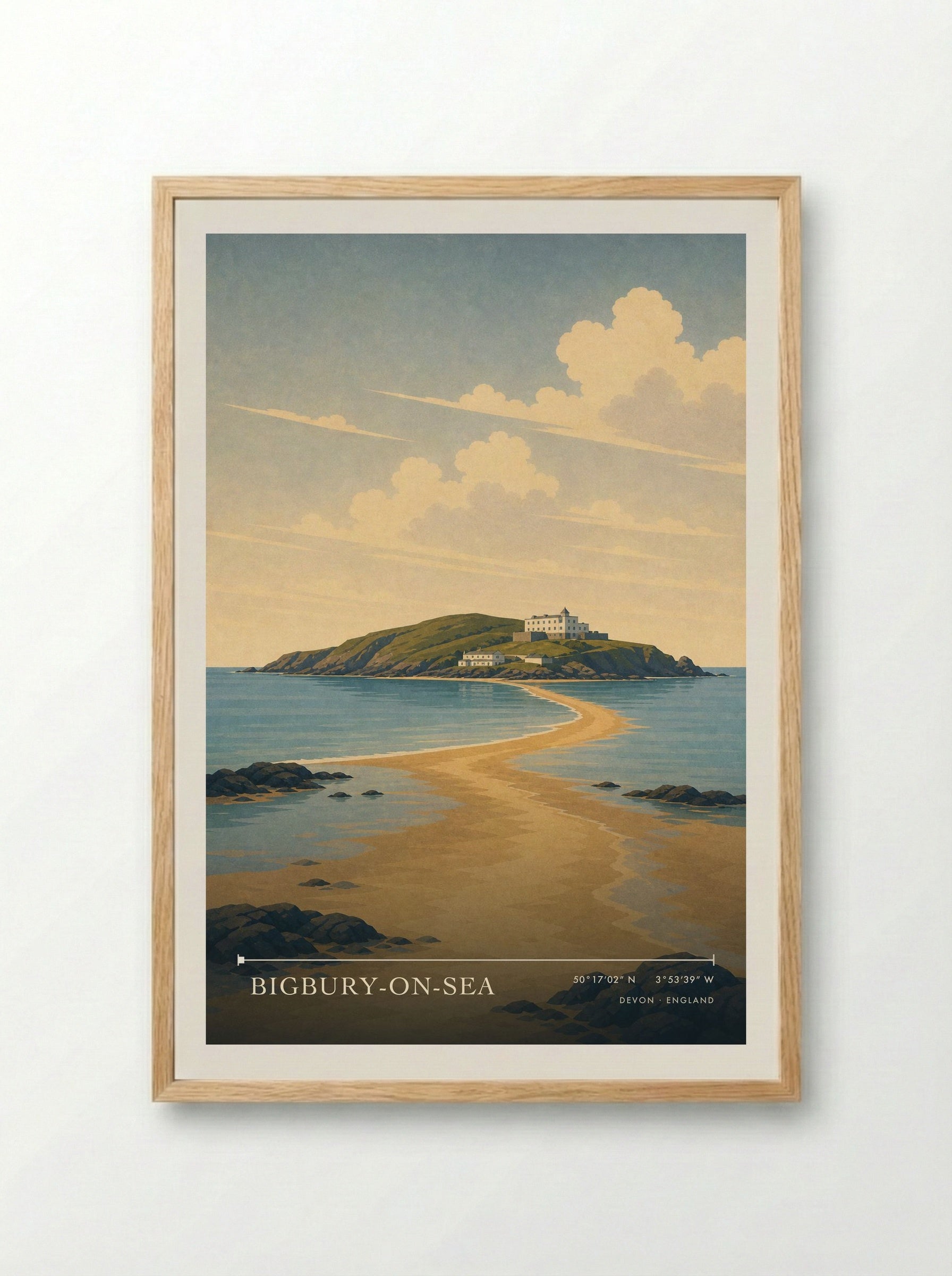Bigbury-on-Sea Devon England Travel Poster - Framed Print Wood