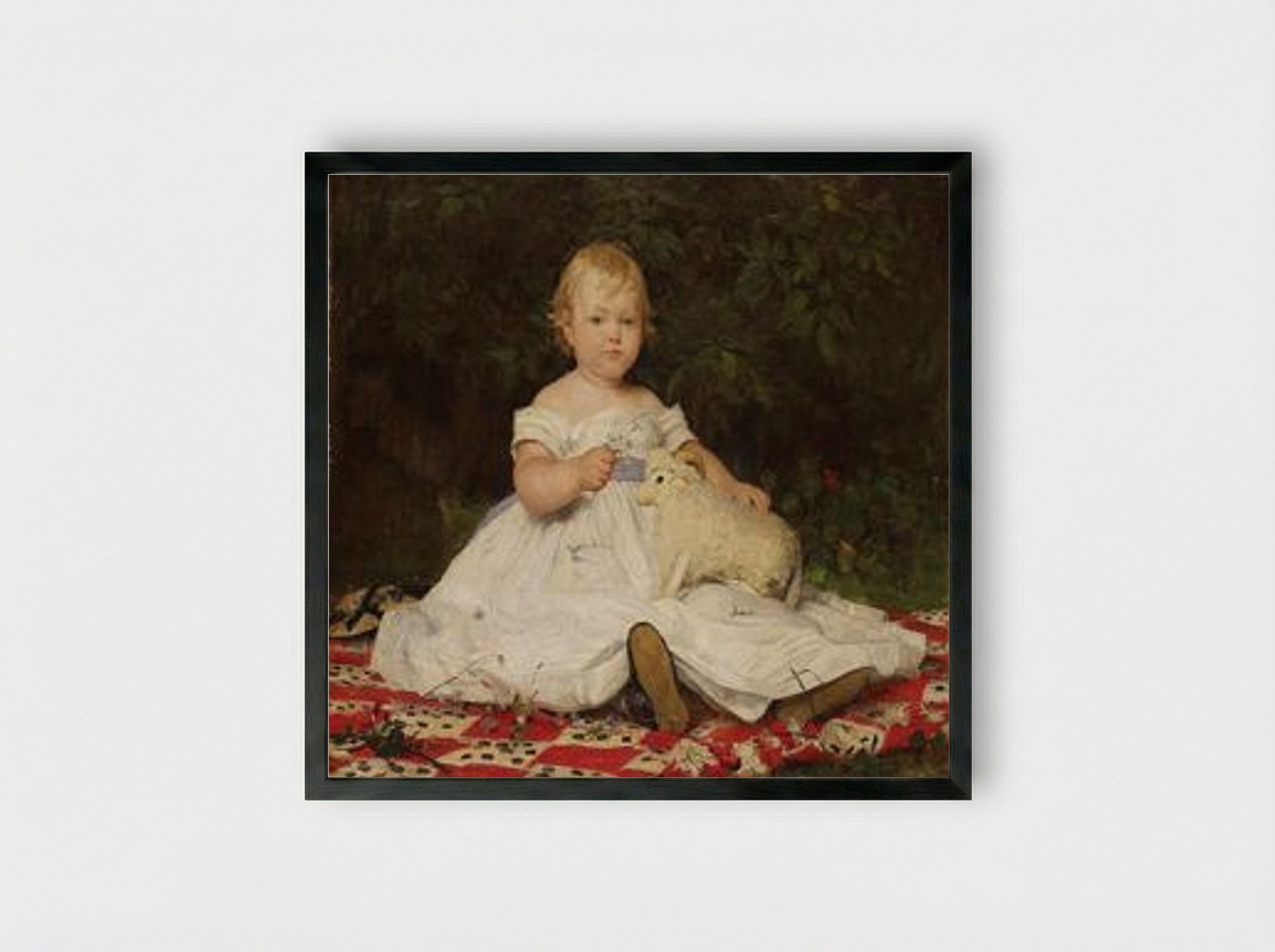 Bildnis Emilie Weiss (mit Plüschtier) - Albert Anker - Framed Print Black