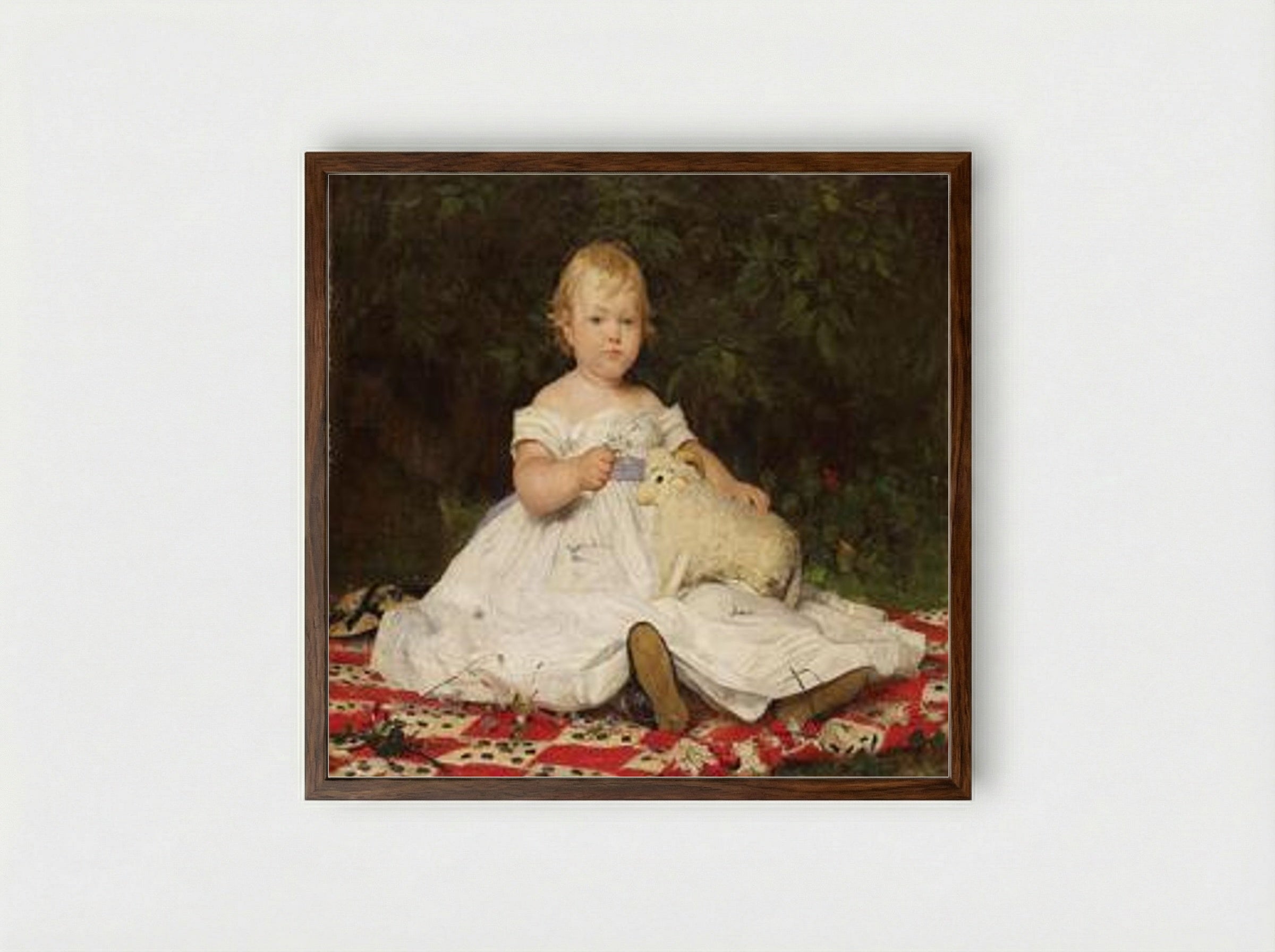 Bildnis Emilie Weiss (mit Plüschtier) - Albert Anker - Framed Print Dark Wood
