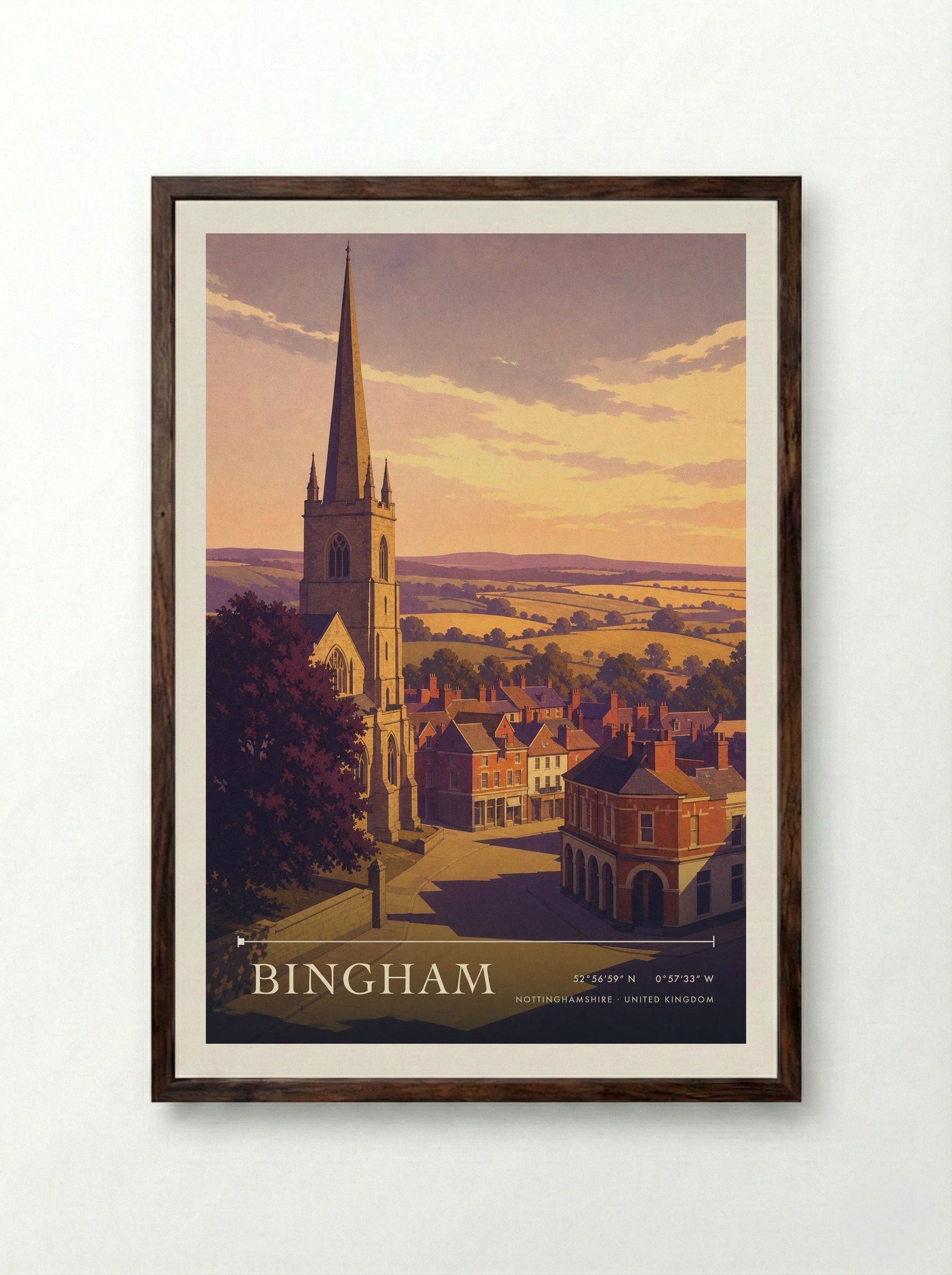 Bingham Nottinghamshire United Kingdom Travel Poster - Framed Print Dark Wood