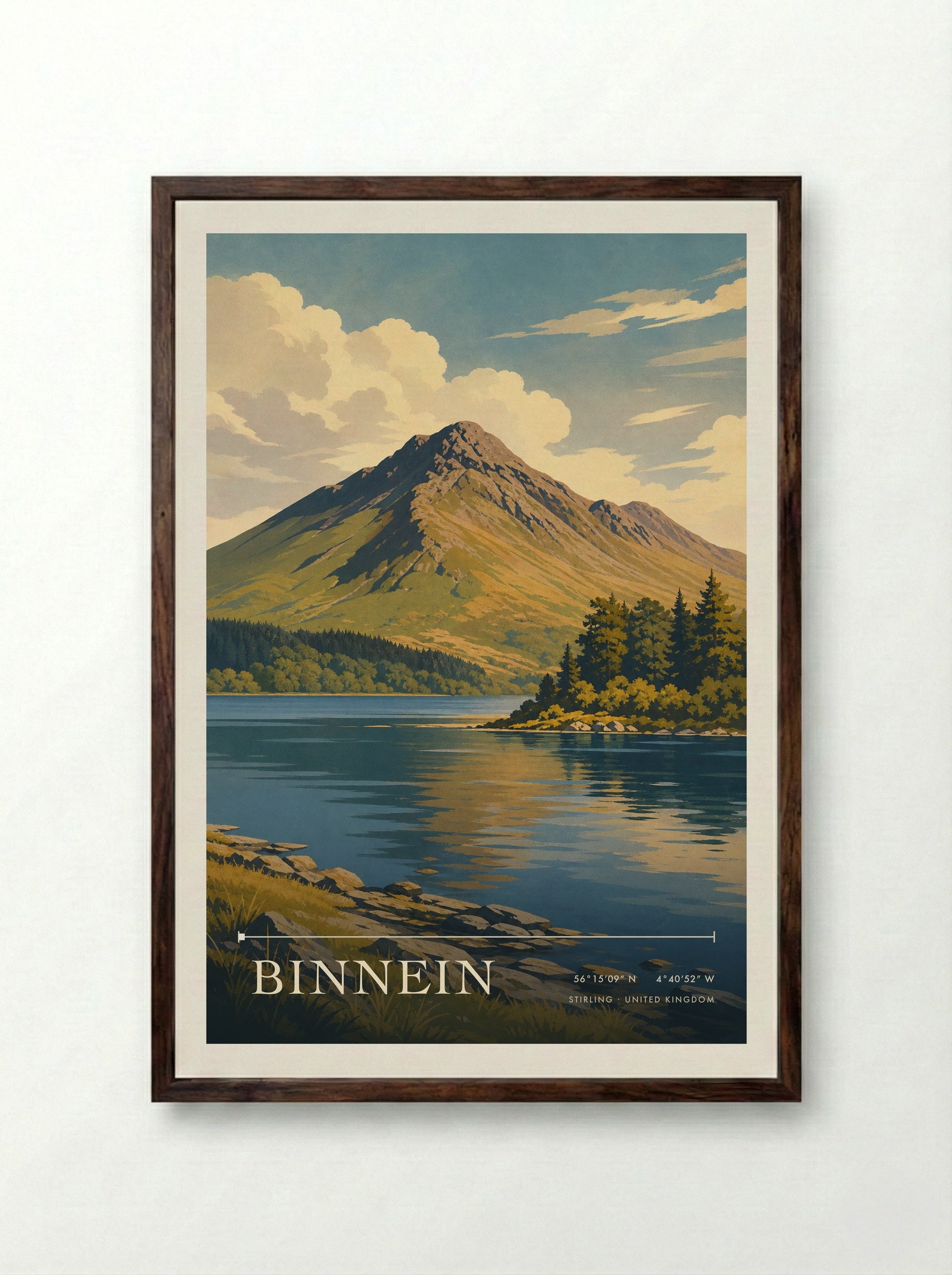 Binnein Stirling United Kingdom Travel Poster - Framed Print Dark Wood