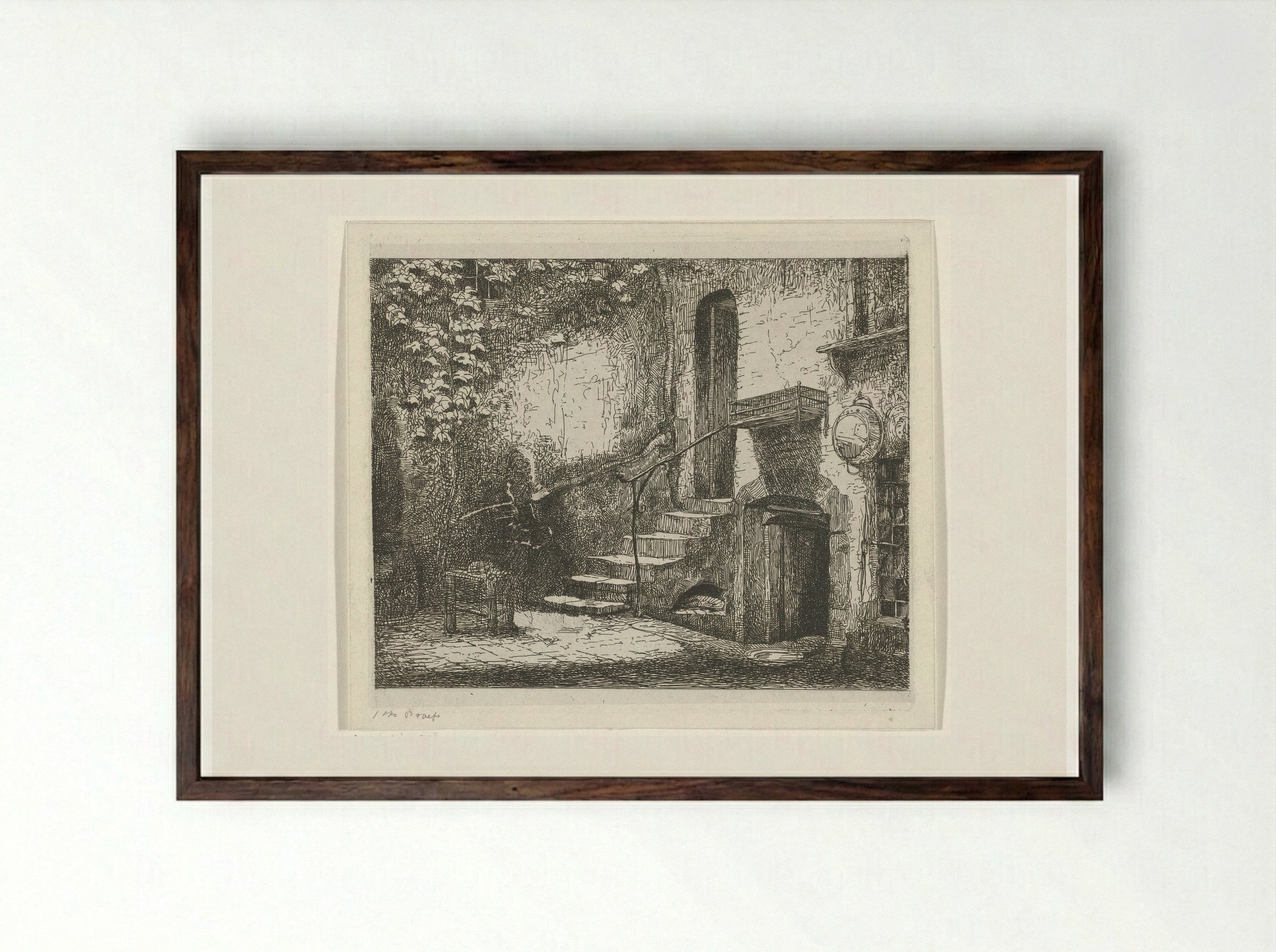 Binnenplaats met trap - Jacobus Ludovicus Cornet - Framed Print Dark Wood