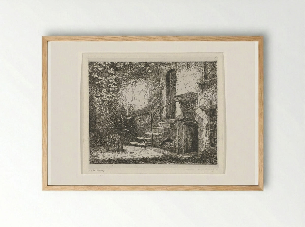 Binnenplaats met trap - Jacobus Ludovicus Cornet - Framed Print Wood