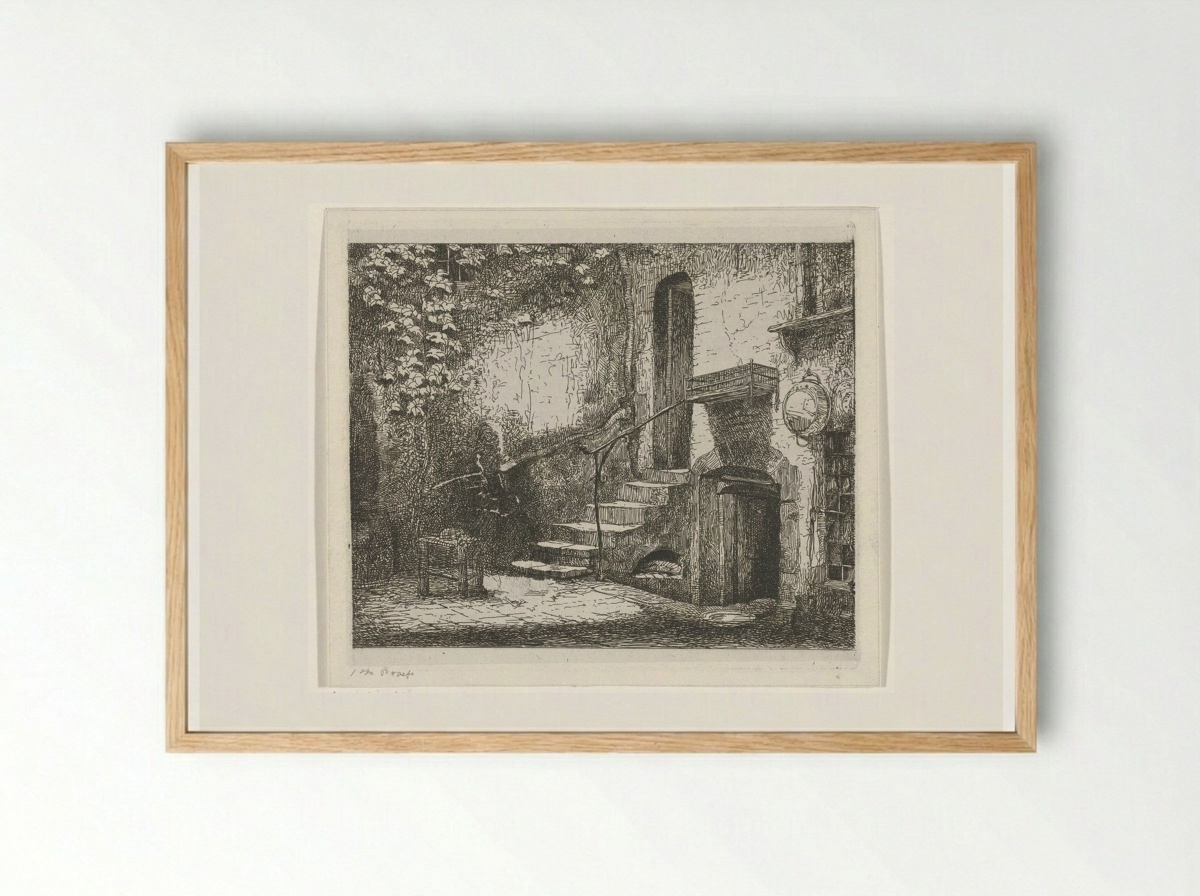 Binnenplaats met trap - Jacobus Ludovicus Cornet - Framed Print Wood
