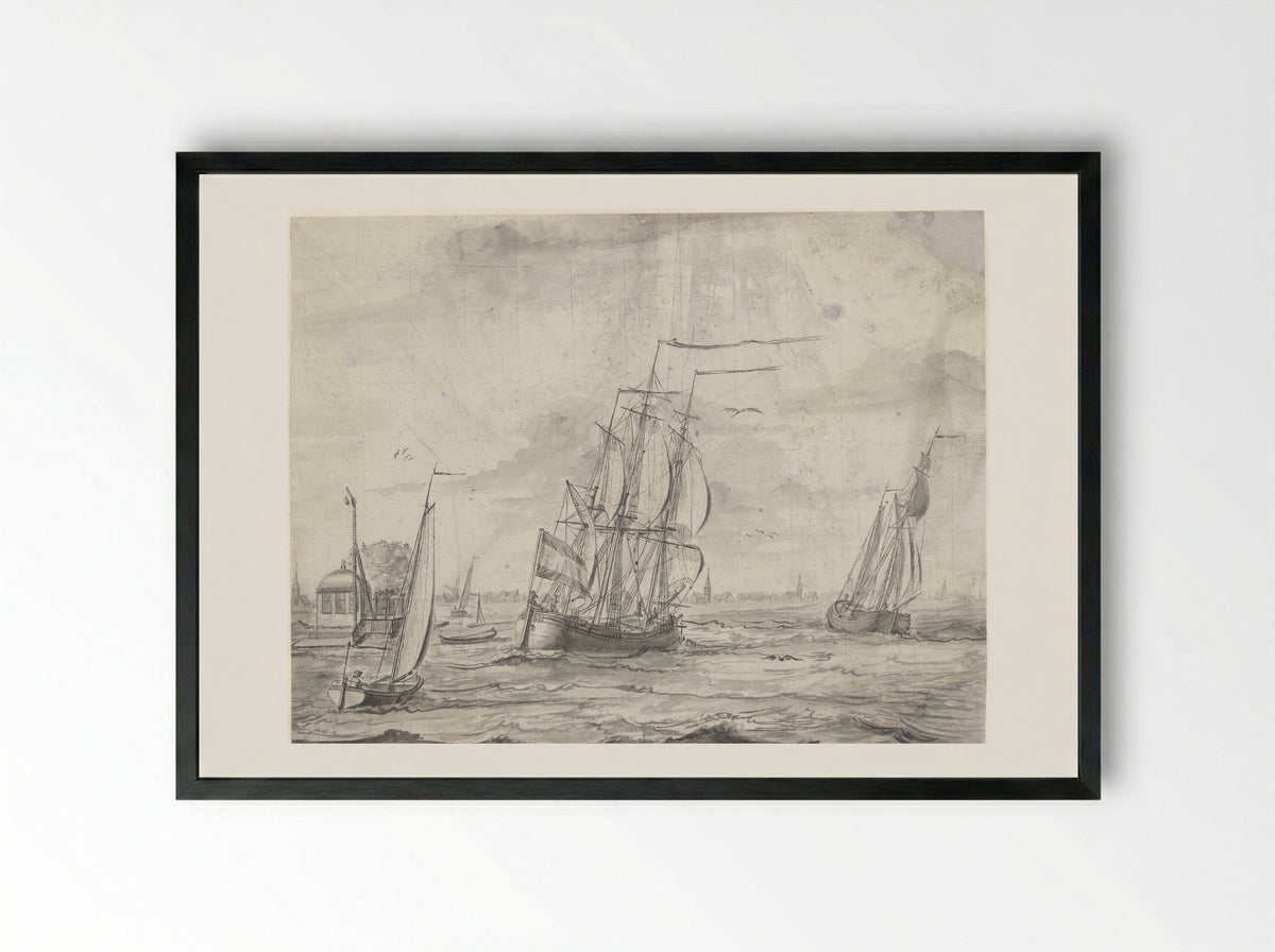 Binnenwater met schepen, in de verte een stadje - Pieter Idserts - Framed Print Black