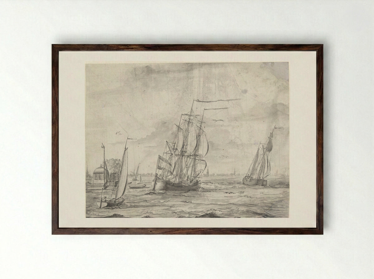 Binnenwater met schepen, in de verte een stadje - Pieter Idserts - Framed Print Dark Wood