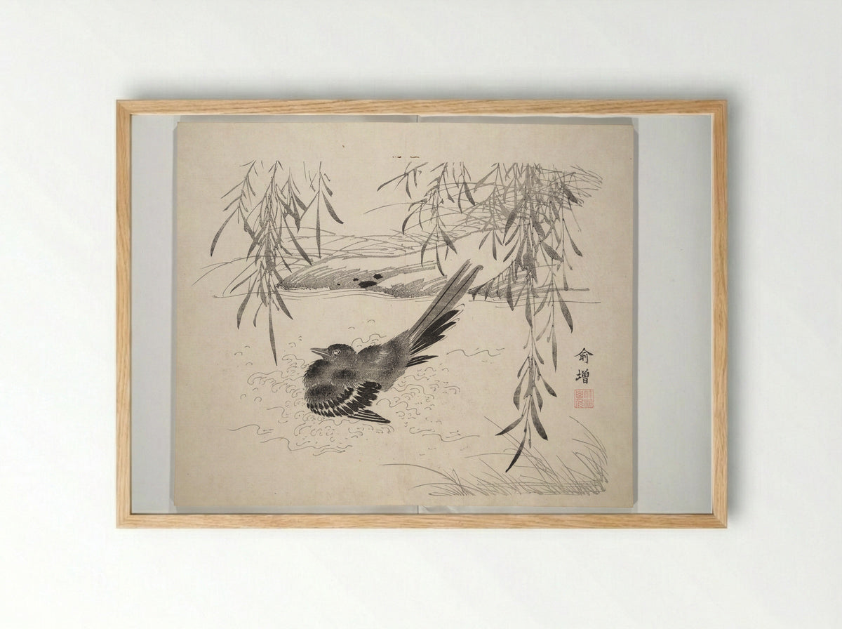 Bird Bathing Beneath Willow - Nakabayashi Chikutō - Framed Print Wood