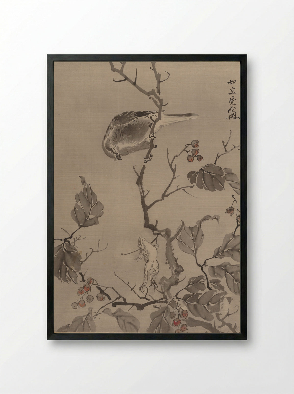 Bird and Frog - Kawanabe Kyōsai - Framed Print Black