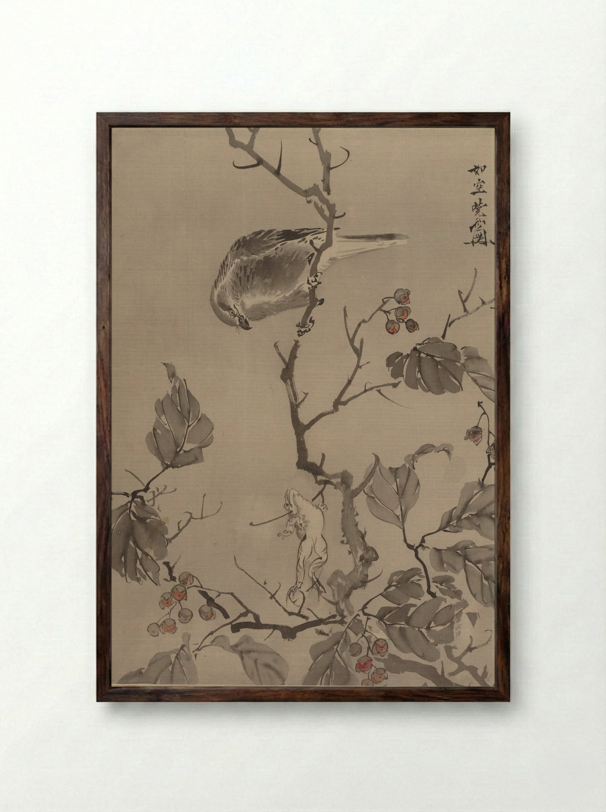Bird and Frog - Kawanabe Kyōsai - Framed Print Dark Wood