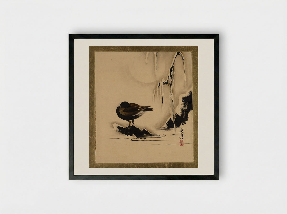 Bird and Willow in Snow - Shibata Zeshin - Framed Print Black
