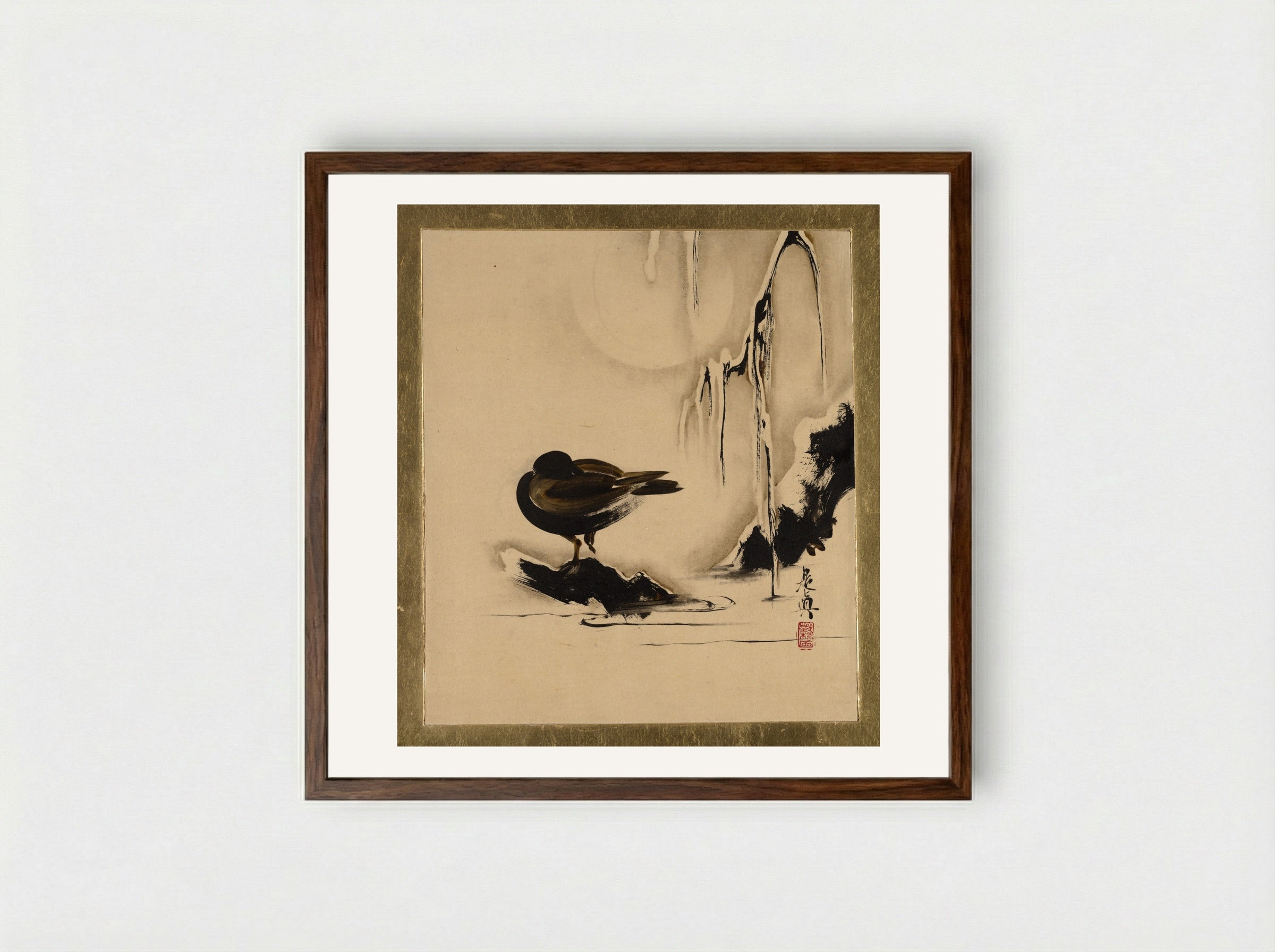 Bird and Willow in Snow - Shibata Zeshin - Framed Print Dark Wood