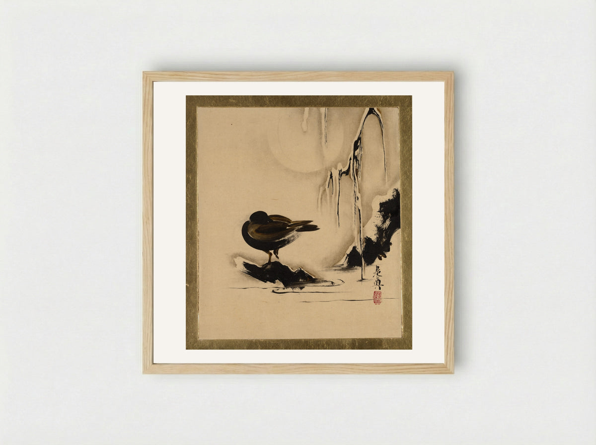 Bird and Willow in Snow - Shibata Zeshin - Framed Print Wood