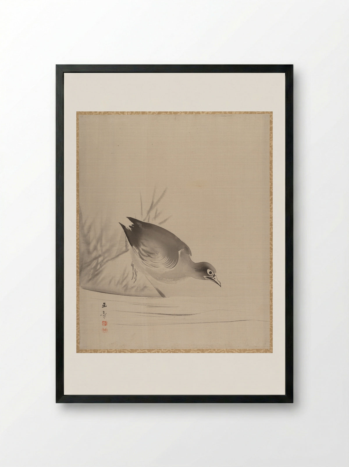 Bird at the Water's Edge - Kawabata Gyokushō - Framed Print Black