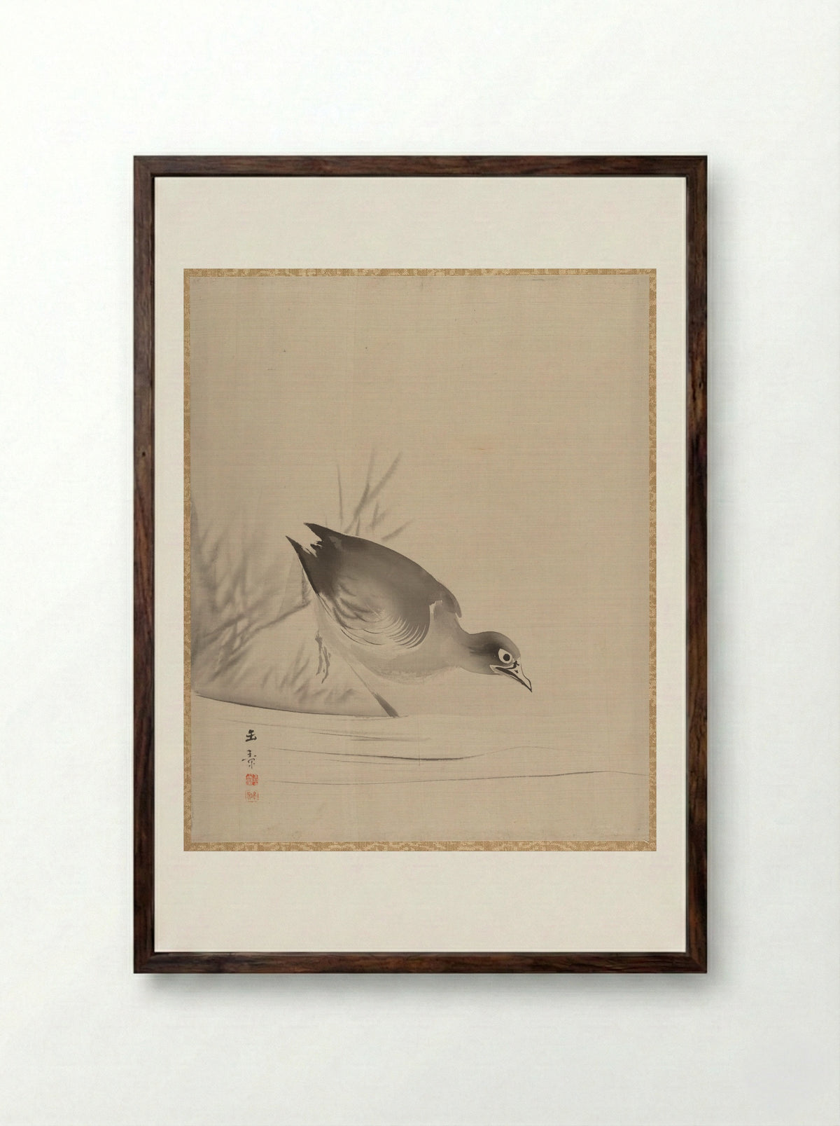 Bird at the Water's Edge - Kawabata Gyokushō - Framed Print Dark Wood