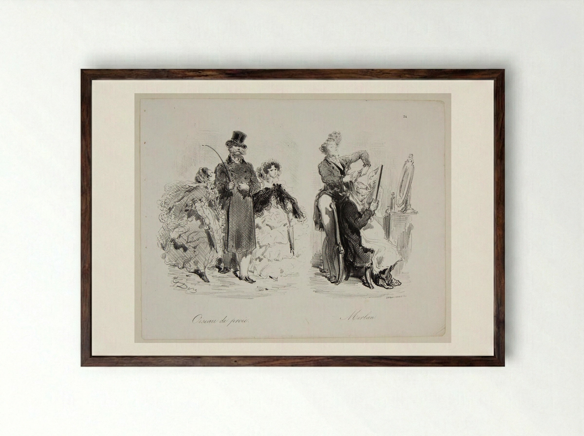 Bird of Prey and Merlan Fish - Gustave Doré - Framed Print Dark Wood