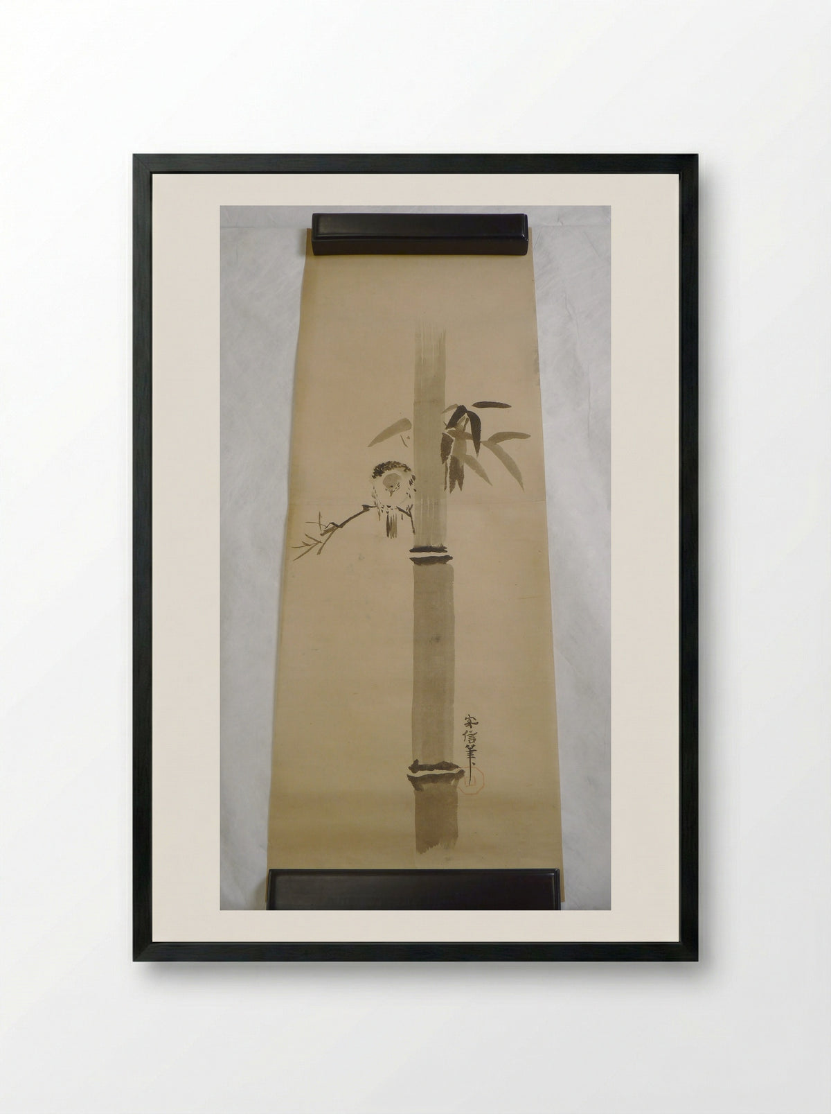 Bird on a Bamboo Stalk - Kano Yasunobu - Framed Print Black