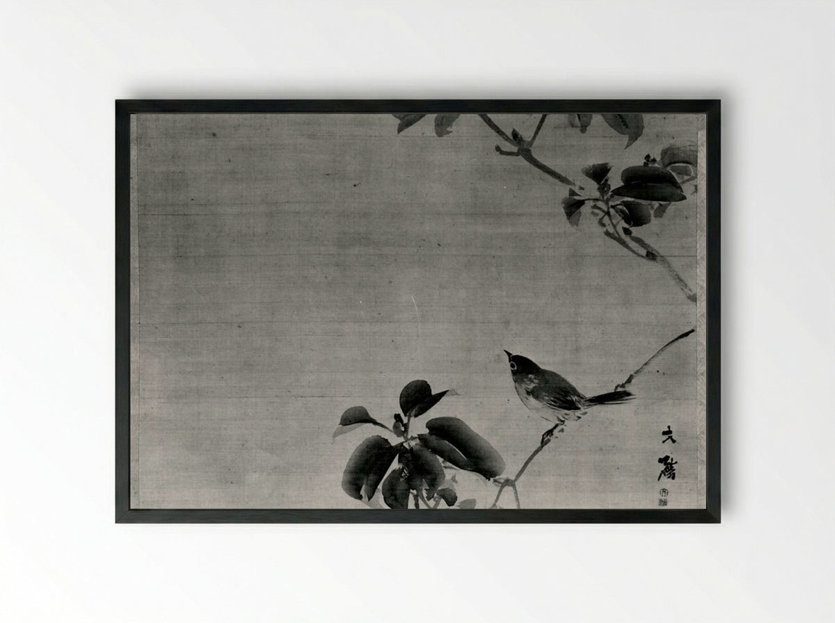 Bird on a Branch - Shiokawa Bunrin - Framed Print Black