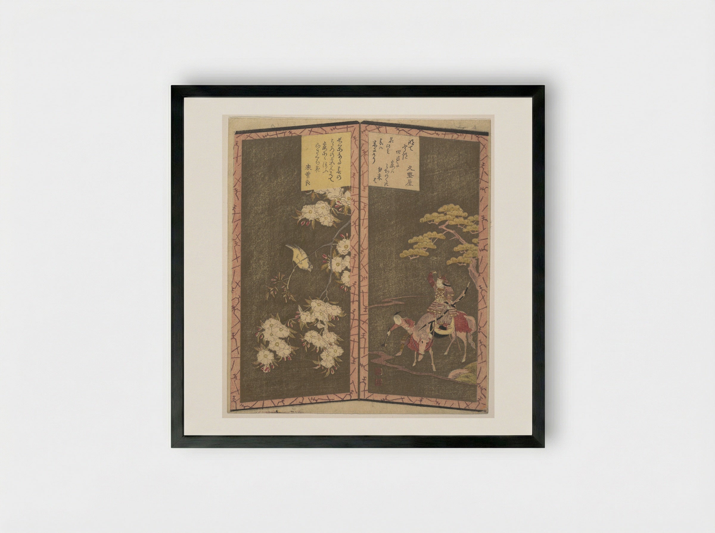 Bird on a Cherry Branch and Minamotono Yoshiié on Horseback - Ryūryūkyo Shinsai - Framed Print Black