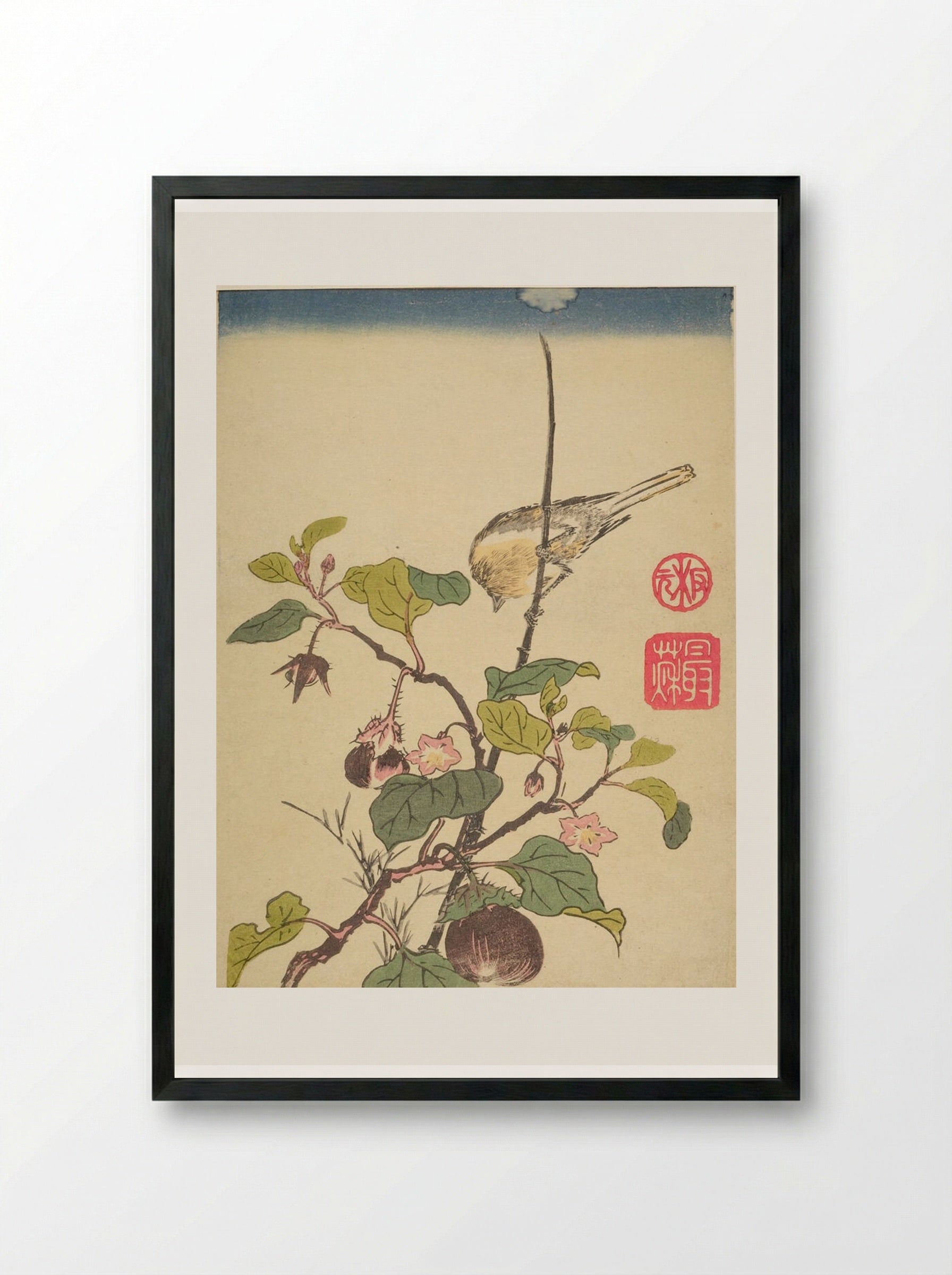 Bird on an Eggplant Branch - Ippitsusai Bunchō - Framed Print Black