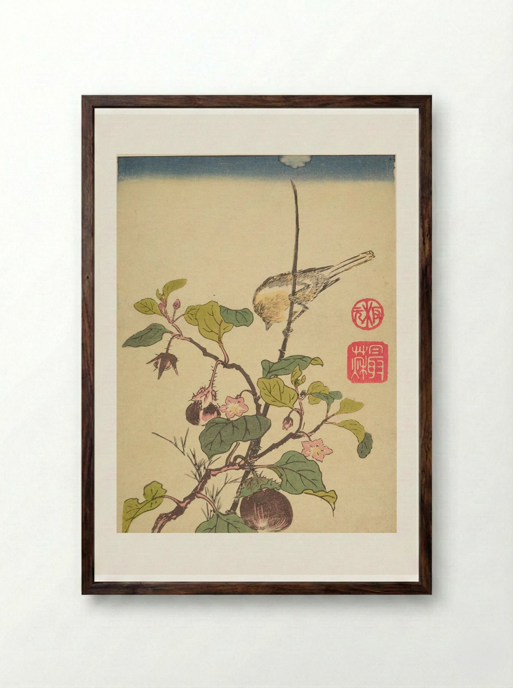 Bird on an Eggplant Branch - Ippitsusai Bunchō - Framed Print Dark Wood