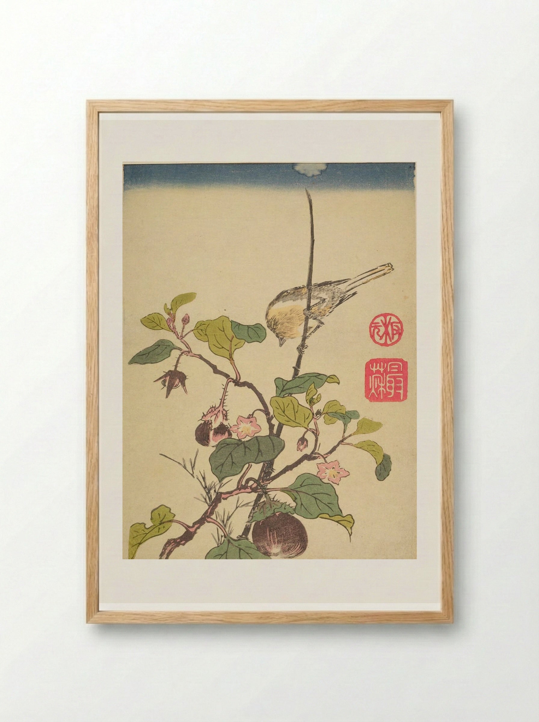 Bird on an Eggplant Branch - Ippitsusai Bunchō - Framed Print Wood