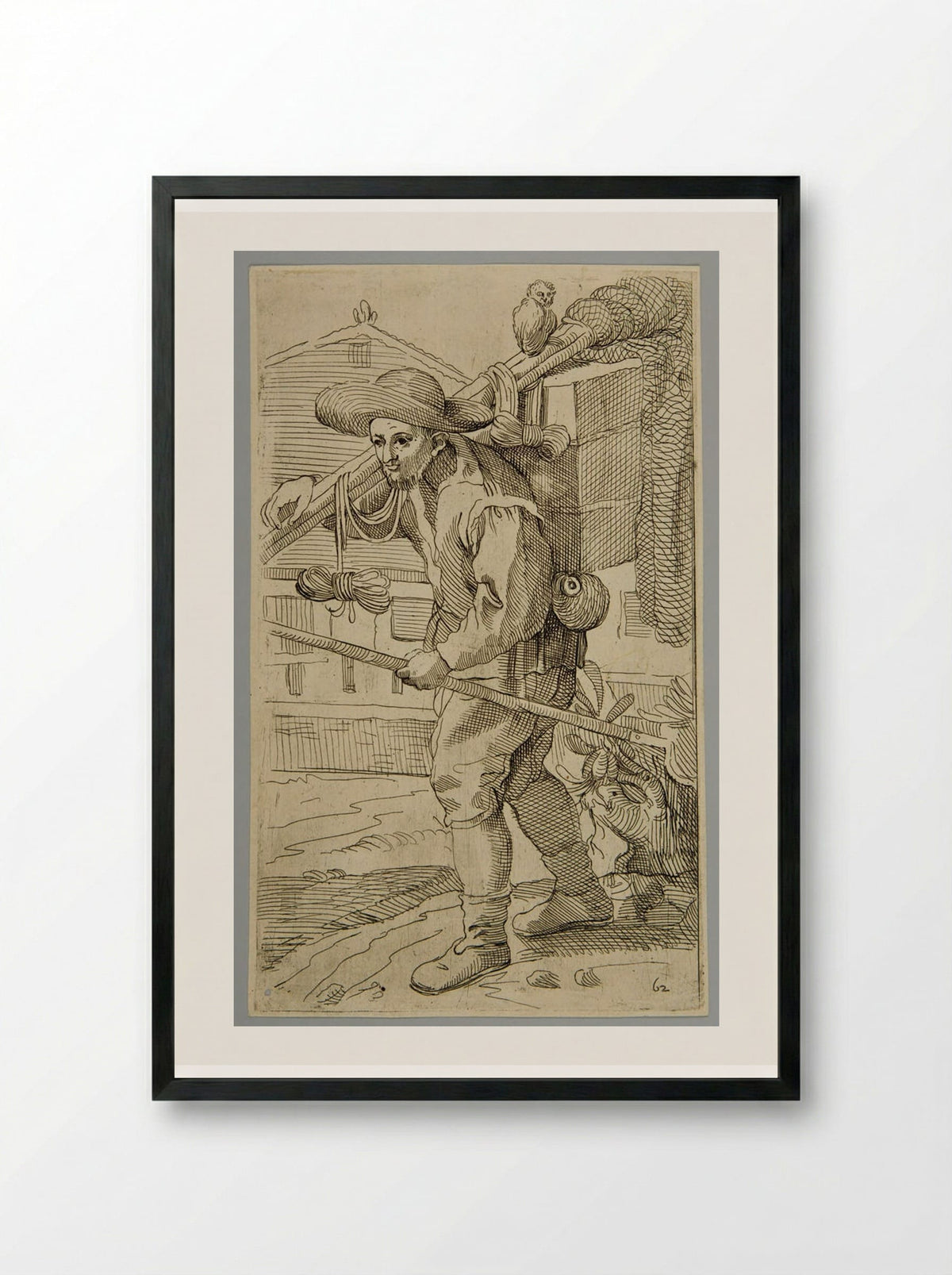 Birdcatcher with a little owl, plate 62 - Simon Guillain - Framed Print Black