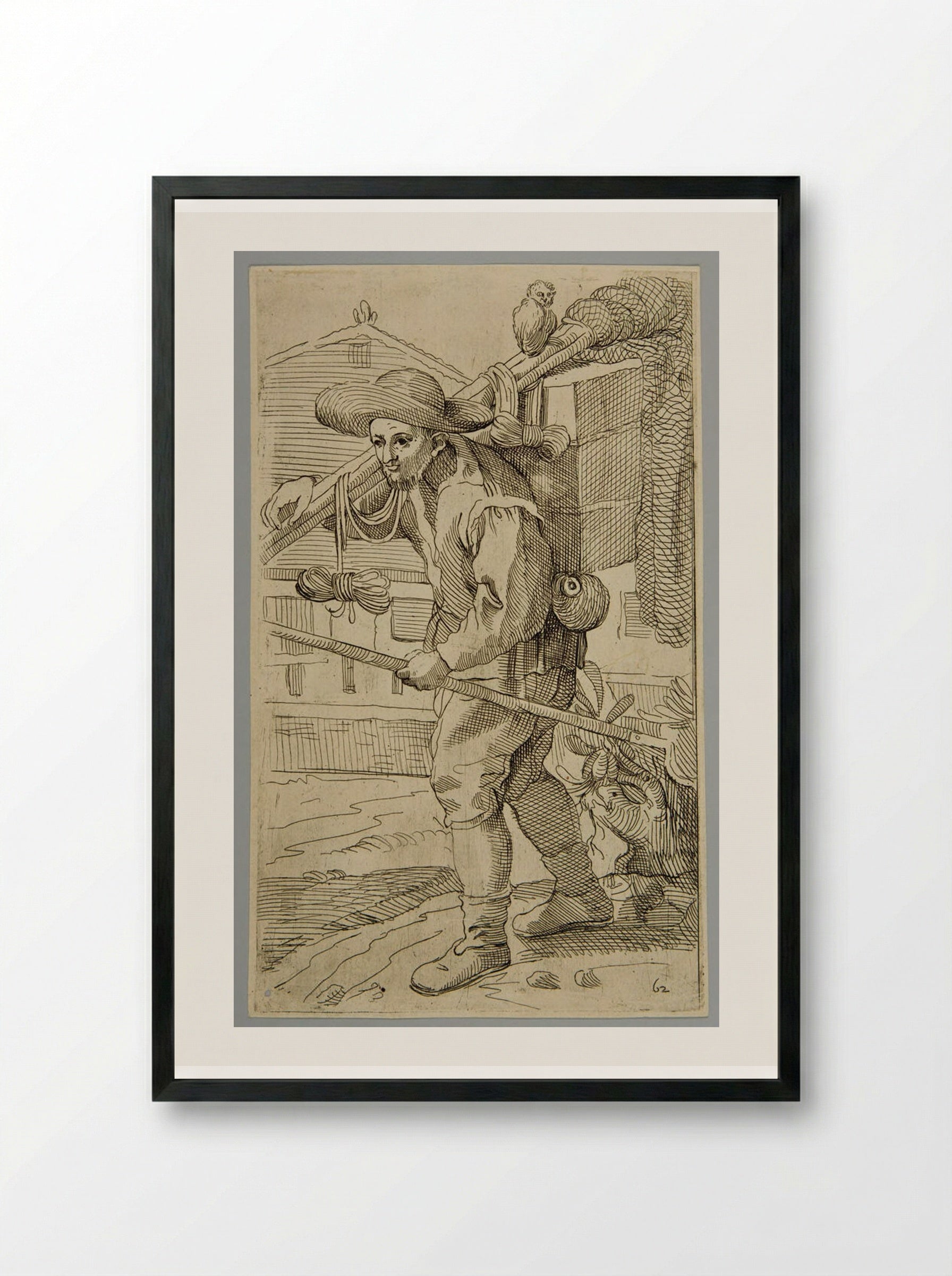 Birdcatcher with a little owl, plate 62 - Simon Guillain - Framed Print Black