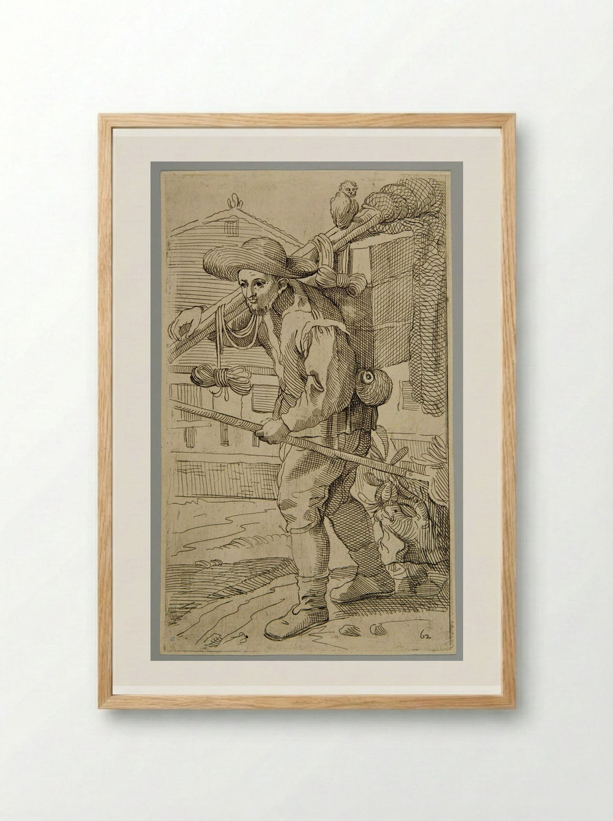 Birdcatcher with a little owl, plate 62 - Simon Guillain - Framed Print Wood