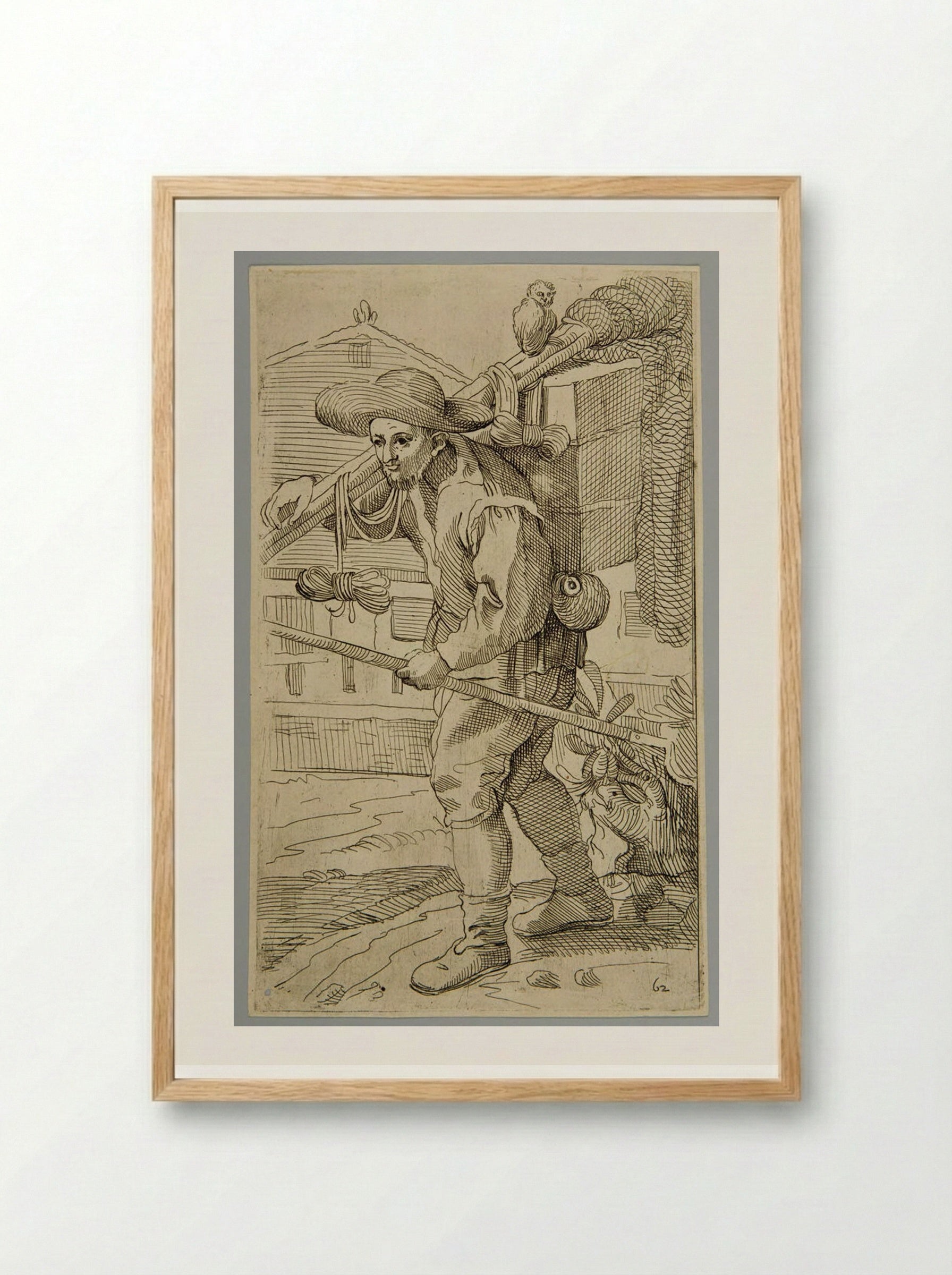 Birdcatcher with a little owl, plate 62 - Simon Guillain - Framed Print Wood