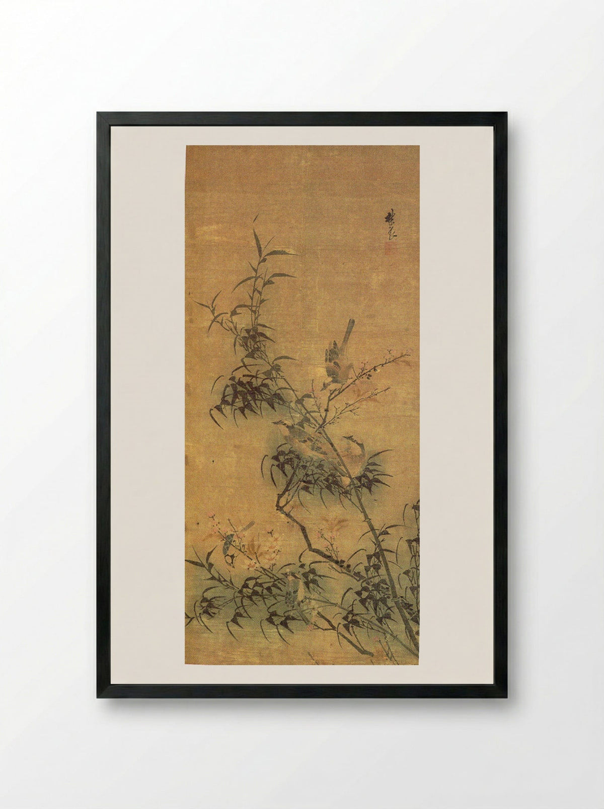 Birds Amidst Blossoming Plum and Bamboo - Lin Liang - Framed Print Black