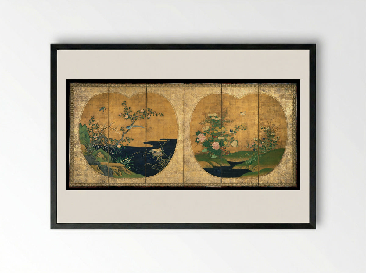 Birds and Flowers of Autumn and Winter - Kano Chikanobu - Framed Print Black