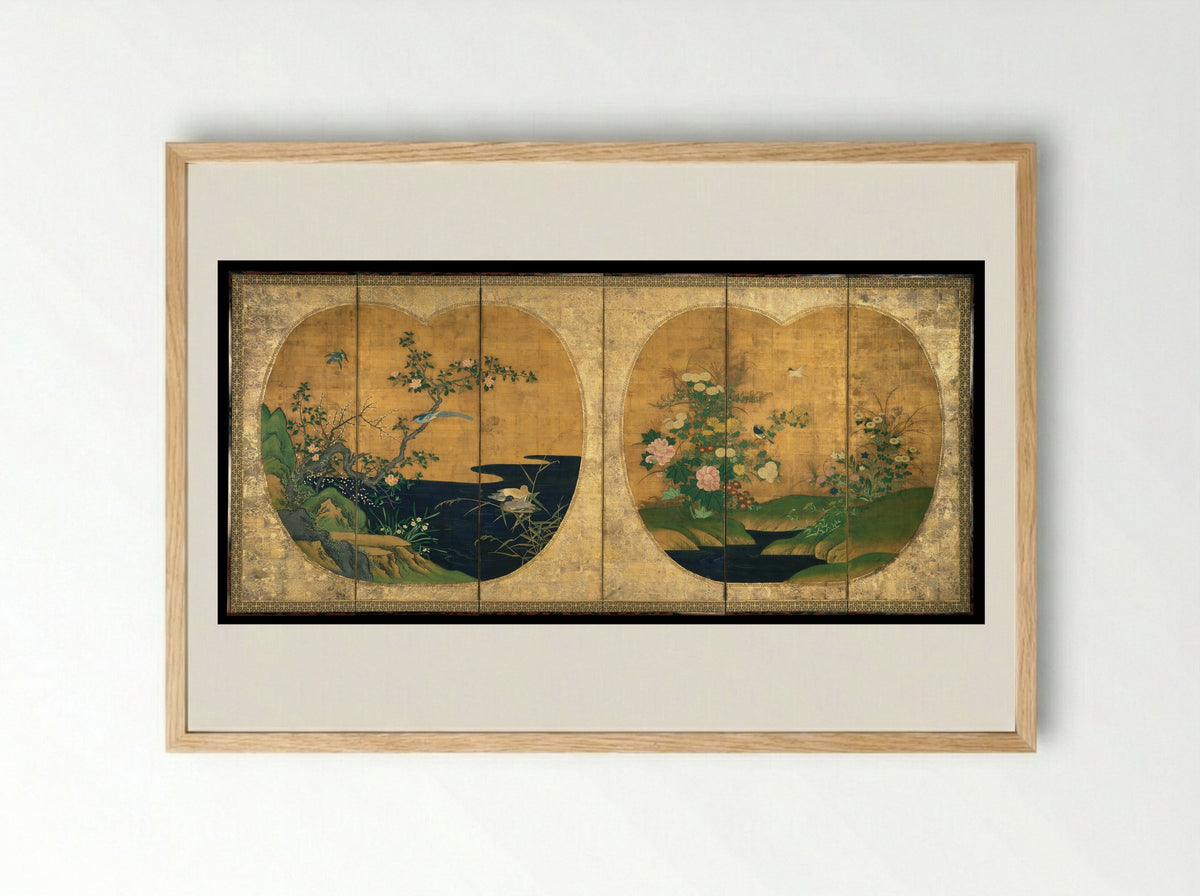 Birds and Flowers of Autumn and Winter - Kano Chikanobu - Framed Print Wood