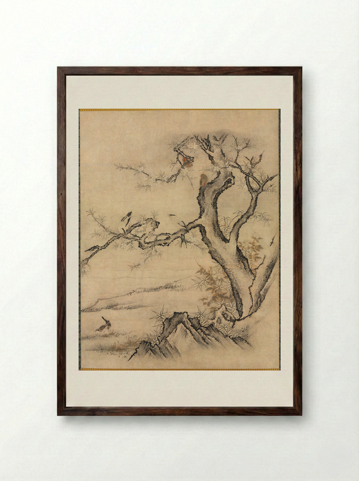 Birds and Flowers of the Four Seasons (Spring) - Kano Motonobu - Framed Print Dark Wood