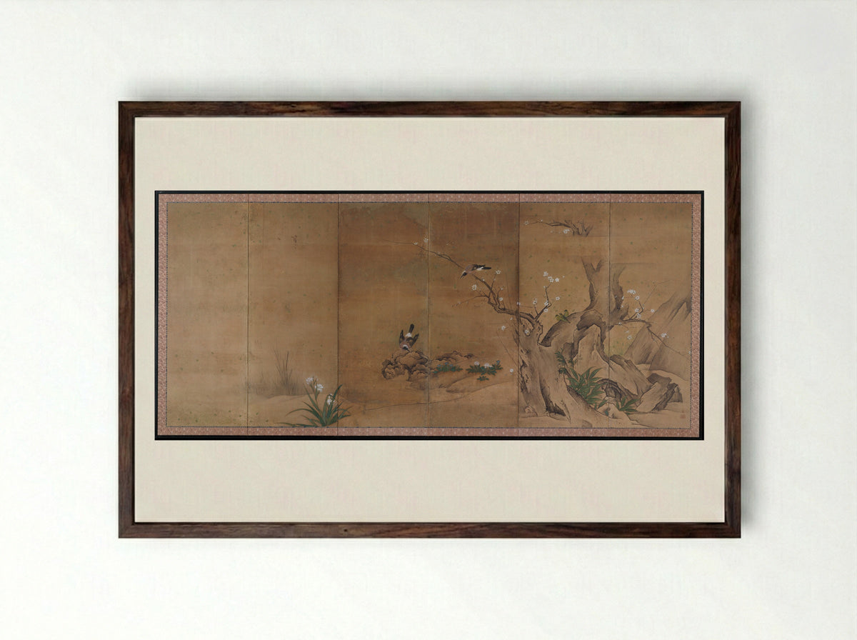 Birds and Flowers of the Four Seasons - Kano Sanboku - Framed Print Dark Wood