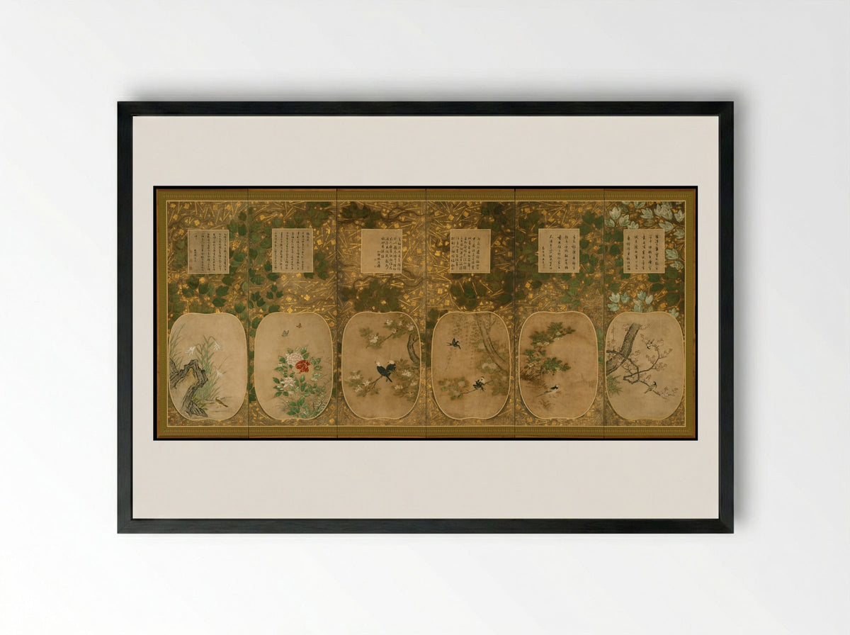 Birds and Flowers of the Twelve Months with Chinese Calligraphy - Kano School - Framed Print Black