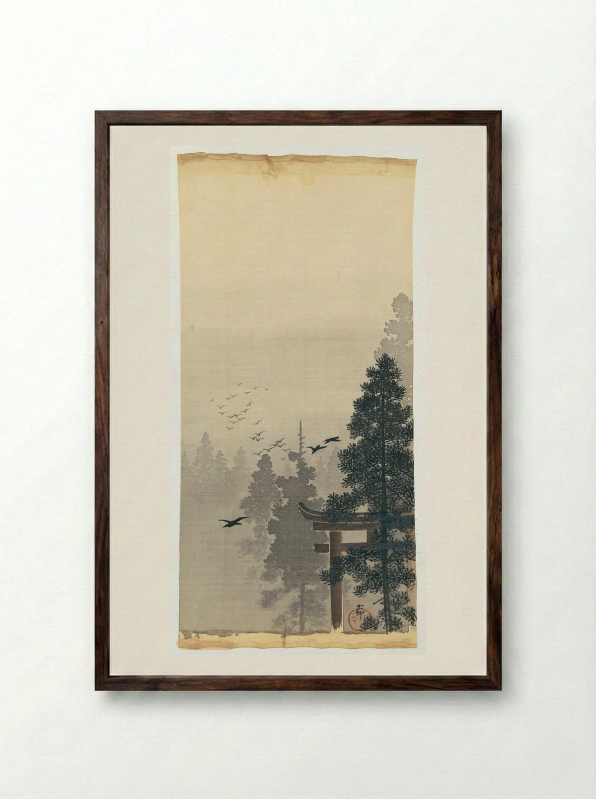 Birds and Torii Gate in Mist - Ohara Koson - Framed Print Dark Wood