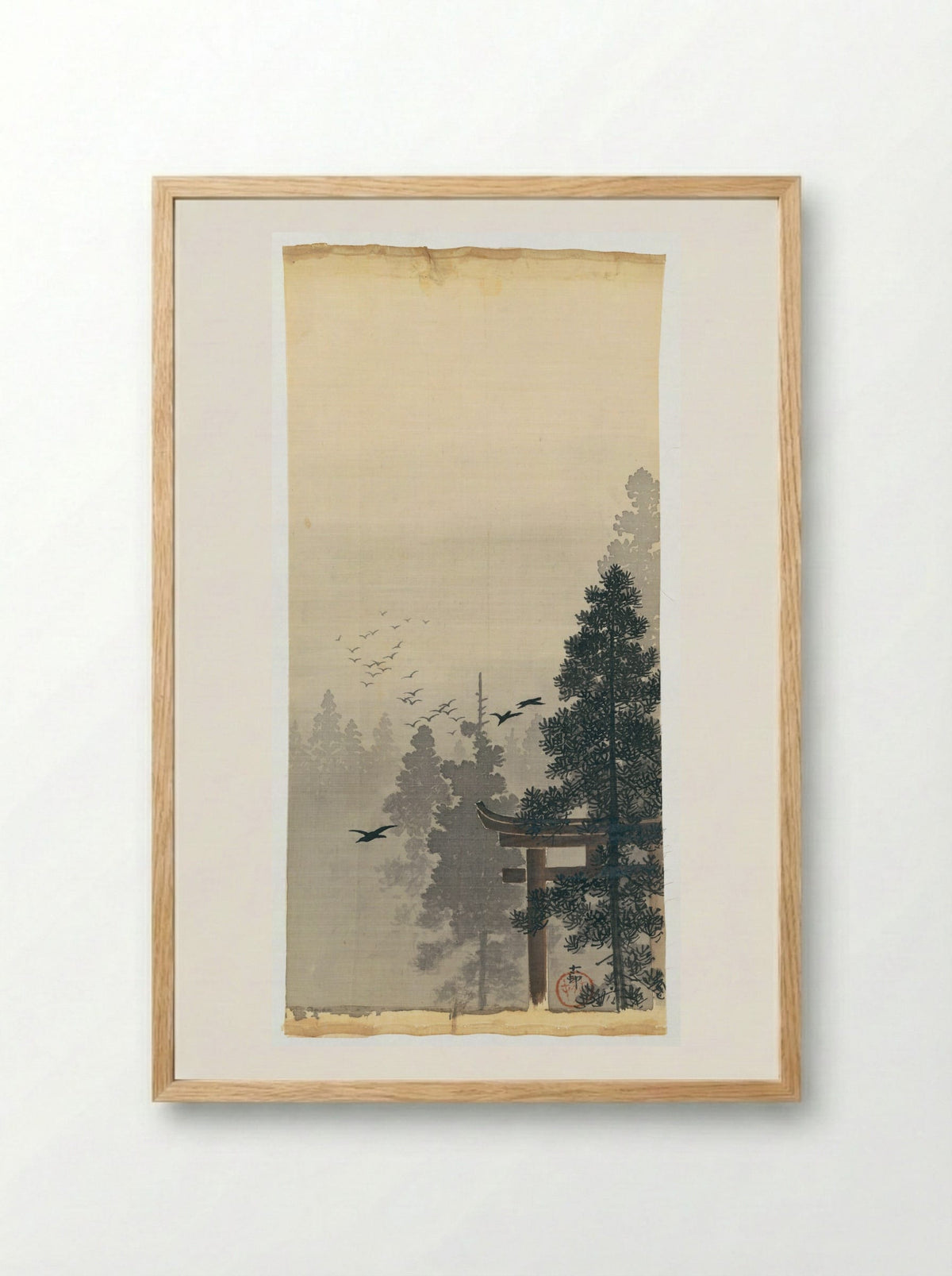Birds and Torii Gate in Mist - Ohara Koson - Framed Print Wood