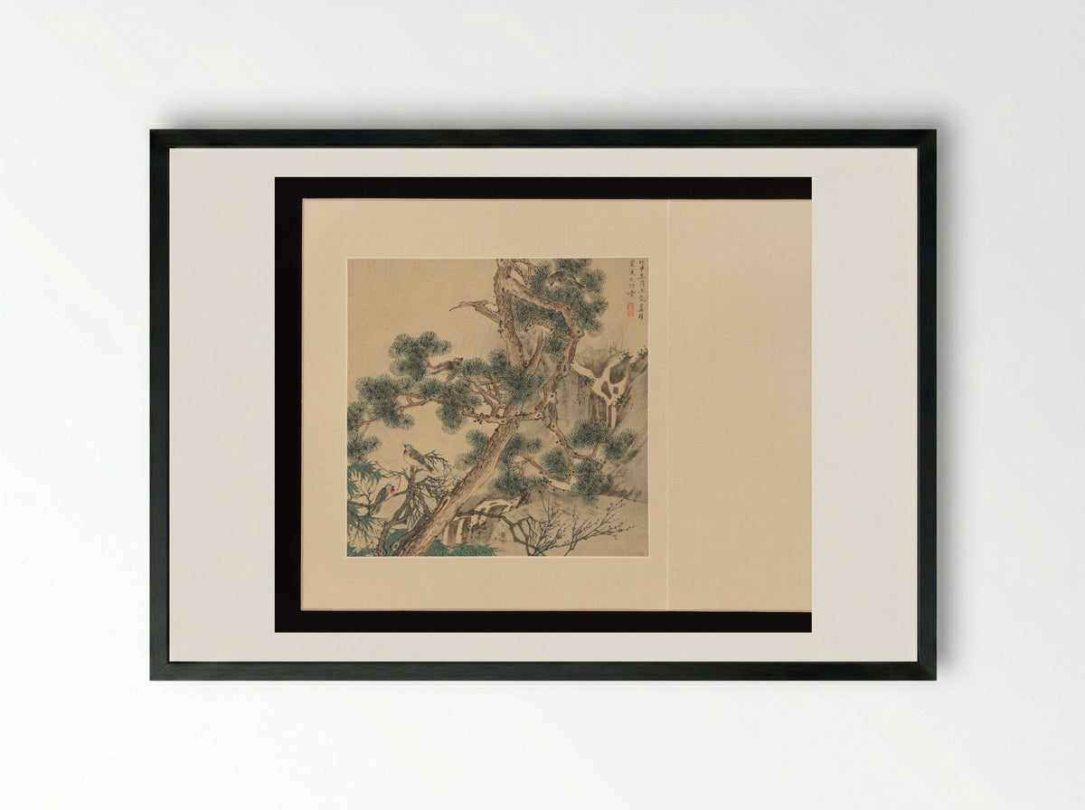 Birds in Pine Tree - Wu Long - Framed Print Black