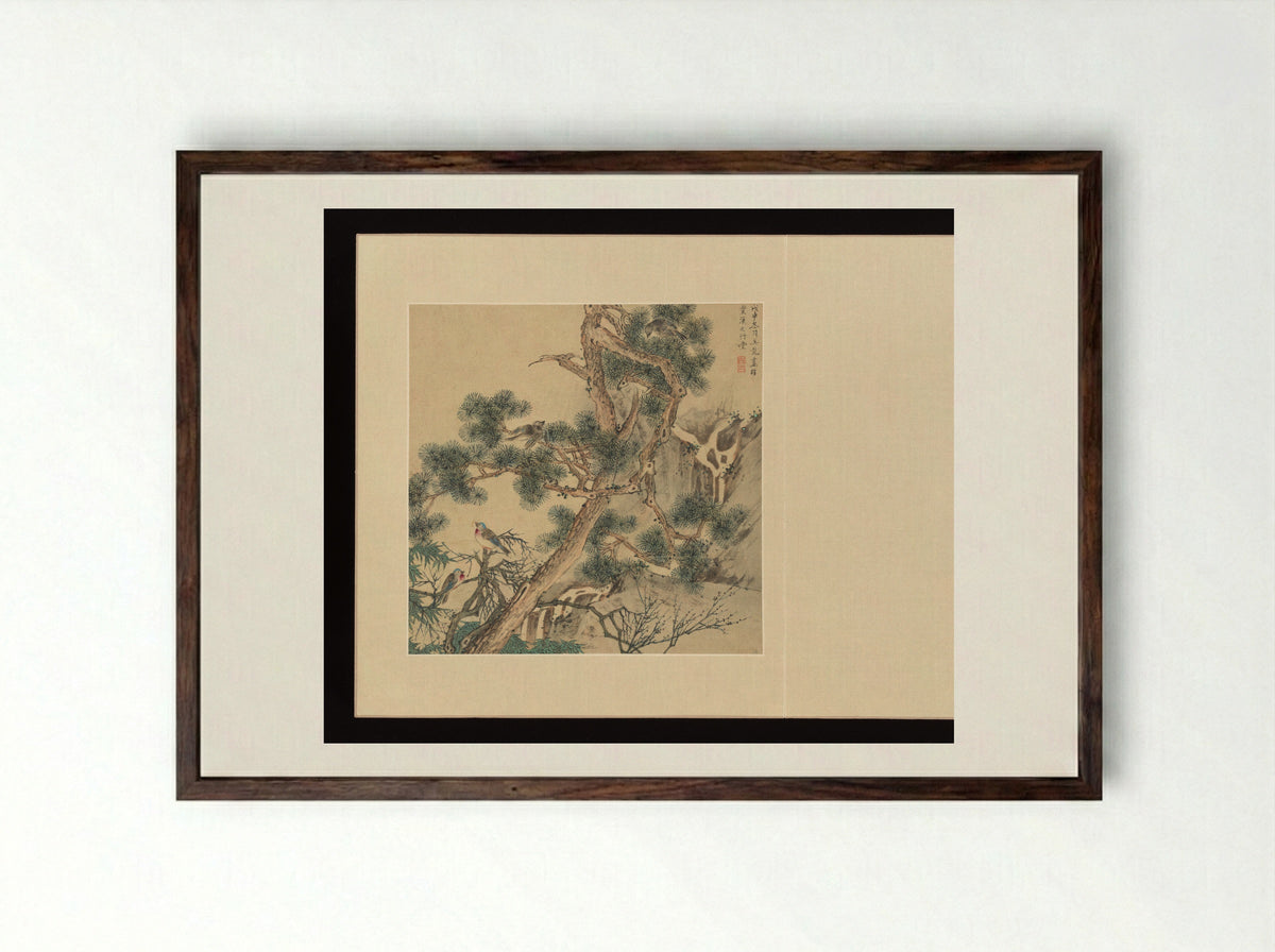 Birds in Pine Tree - Wu Long - Framed Print Dark Wood