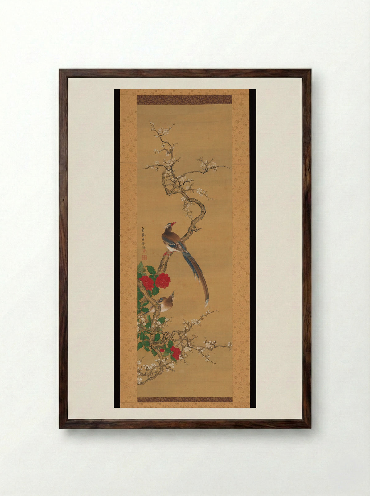 Birds on a Plum Tree - Gan Ku - Framed Print Dark Wood