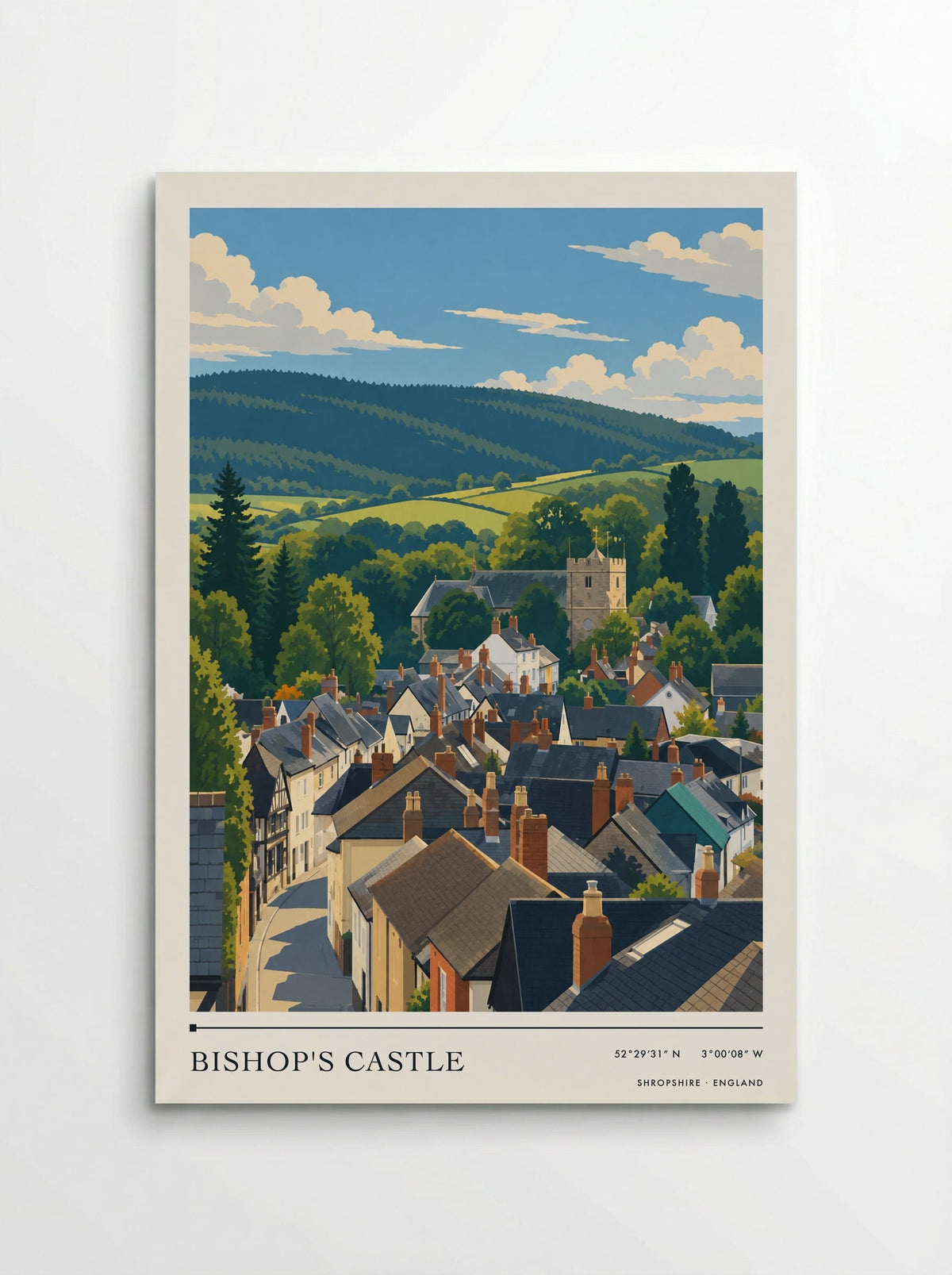 Bishop's Castle, Shropshire travel poster: slate roofs, red chimneys and a square church tower beneath green fields and a long wooded hillside