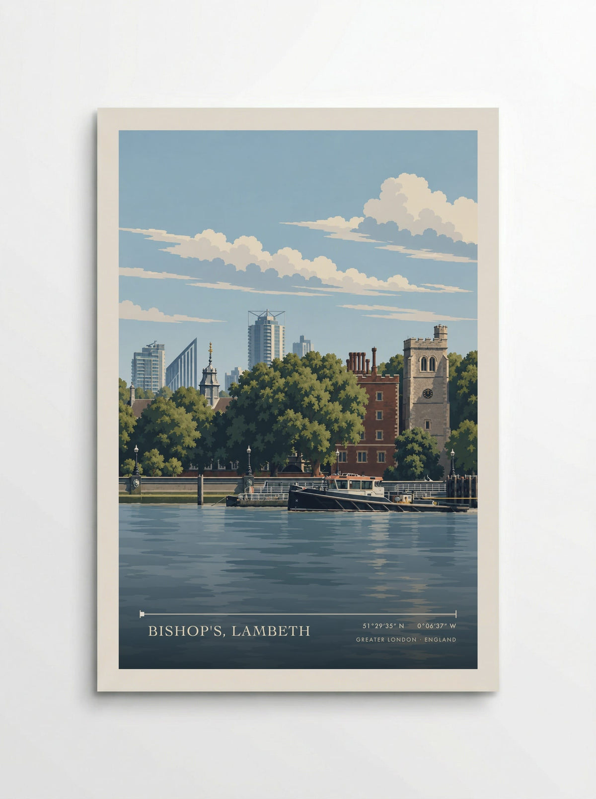 Bishop's, Lambeth, Greater London travel poster: leafy Thames banks, red brick masonry and a pale clock tower backed by modern city high rises