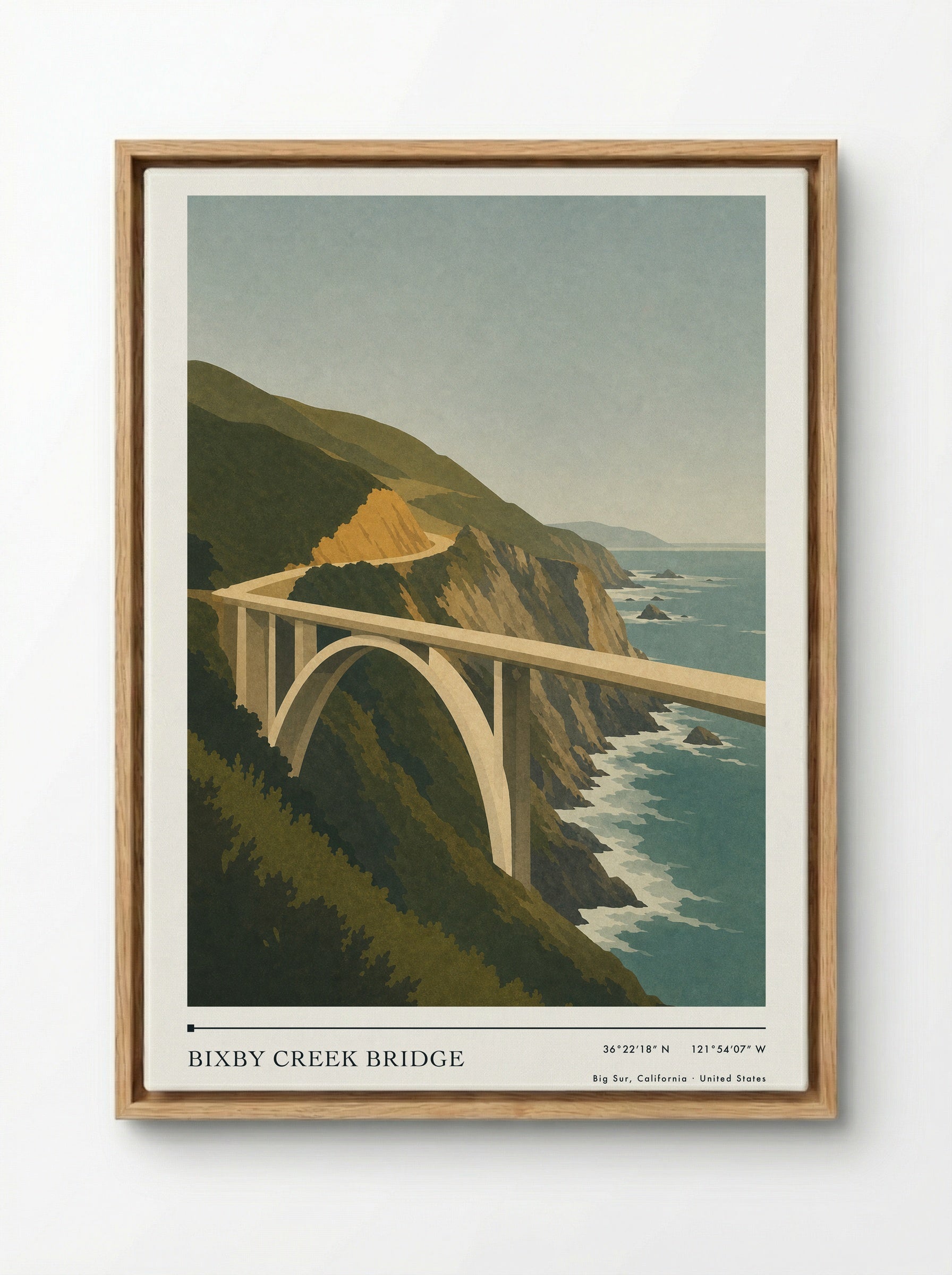 Bixby Creek Bridge Travel Poster Artwork - Framed Canvas Wood