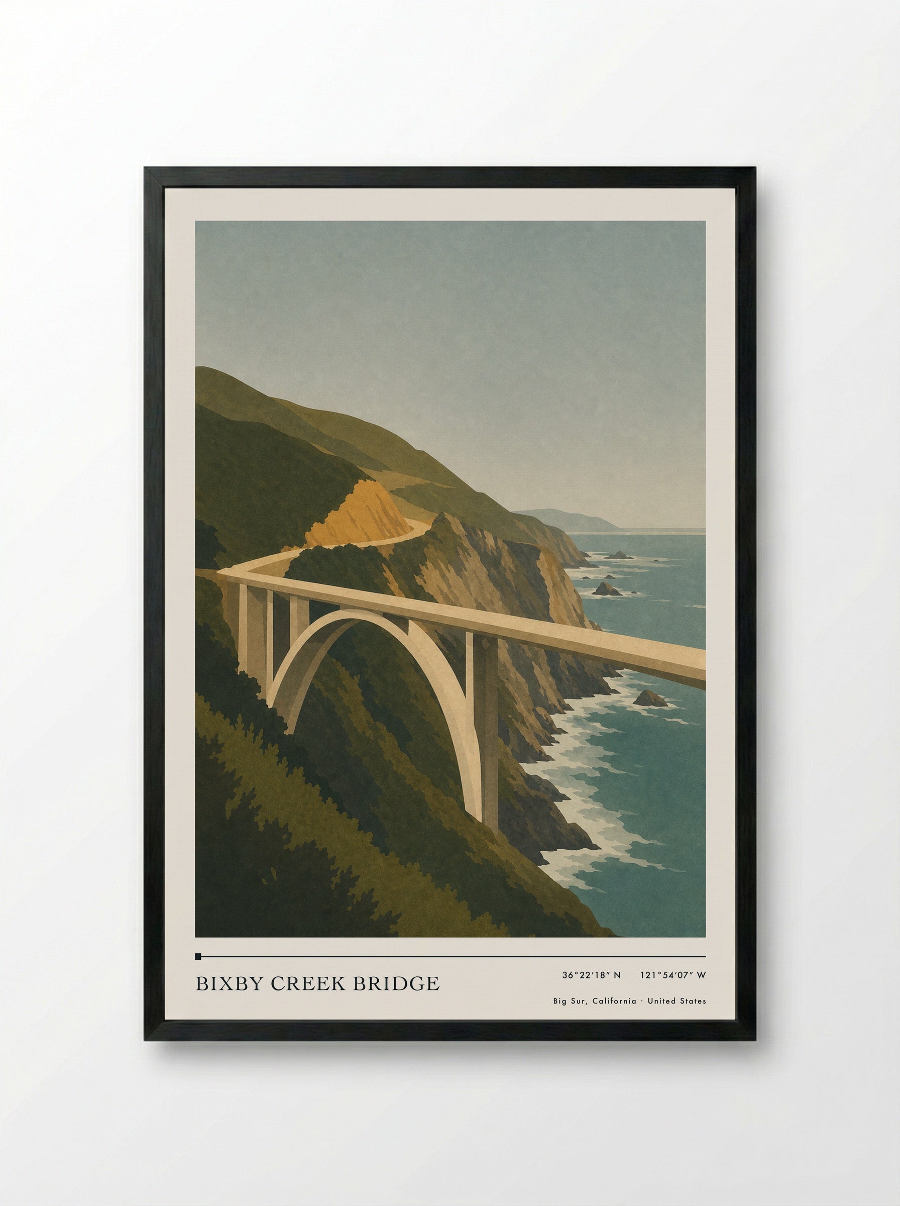 Bixby Creek Bridge Travel Poster Artwork - Framed Print Black