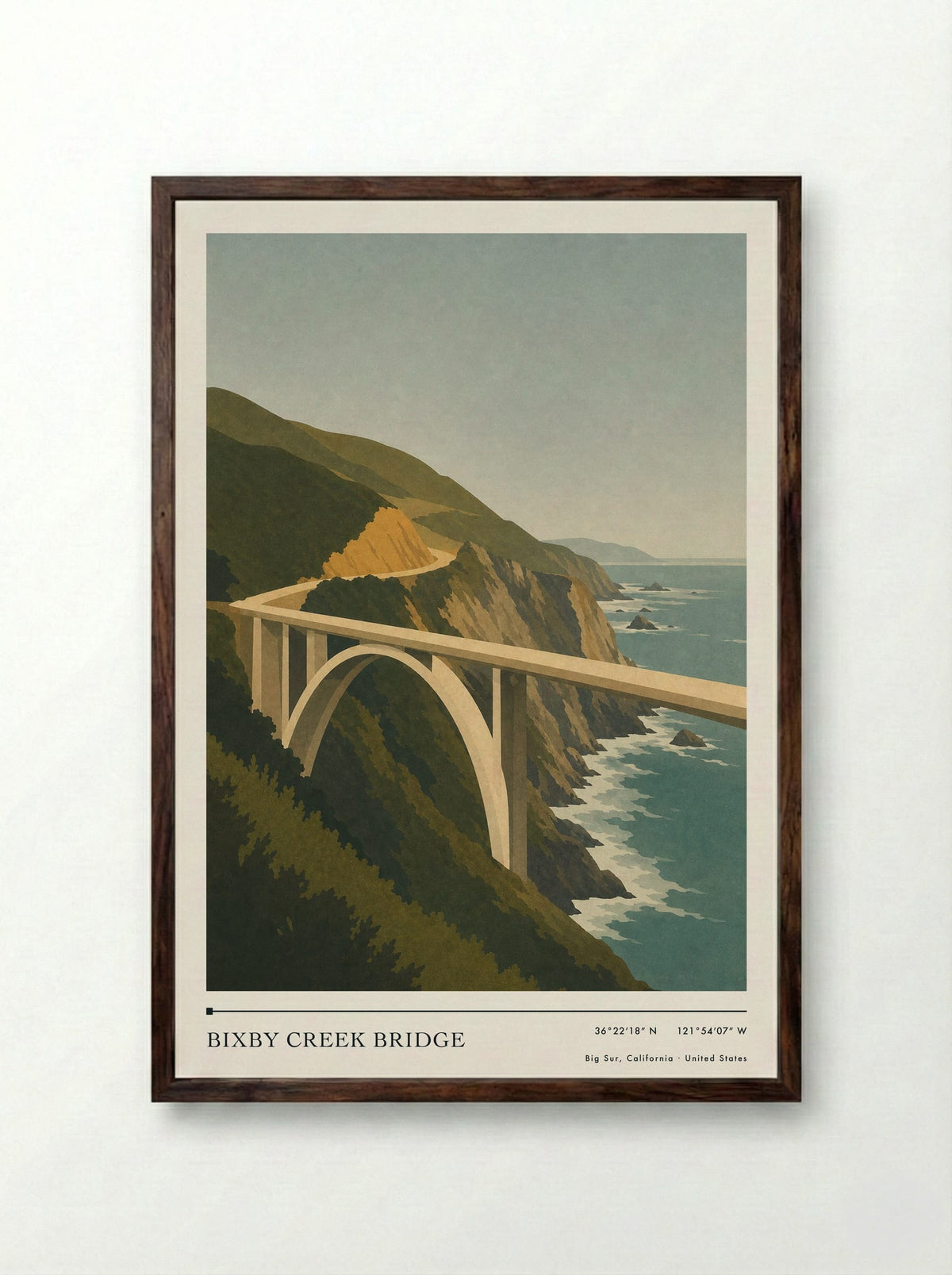 Bixby Creek Bridge Travel Poster Artwork - Framed Print Dark Wood